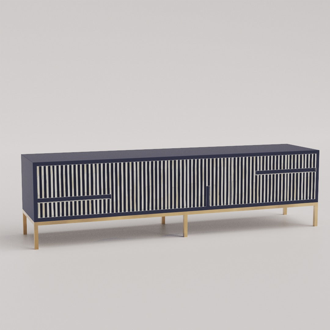 "Floating media unit with hidden storage compartments for a clutter-free appearance"
