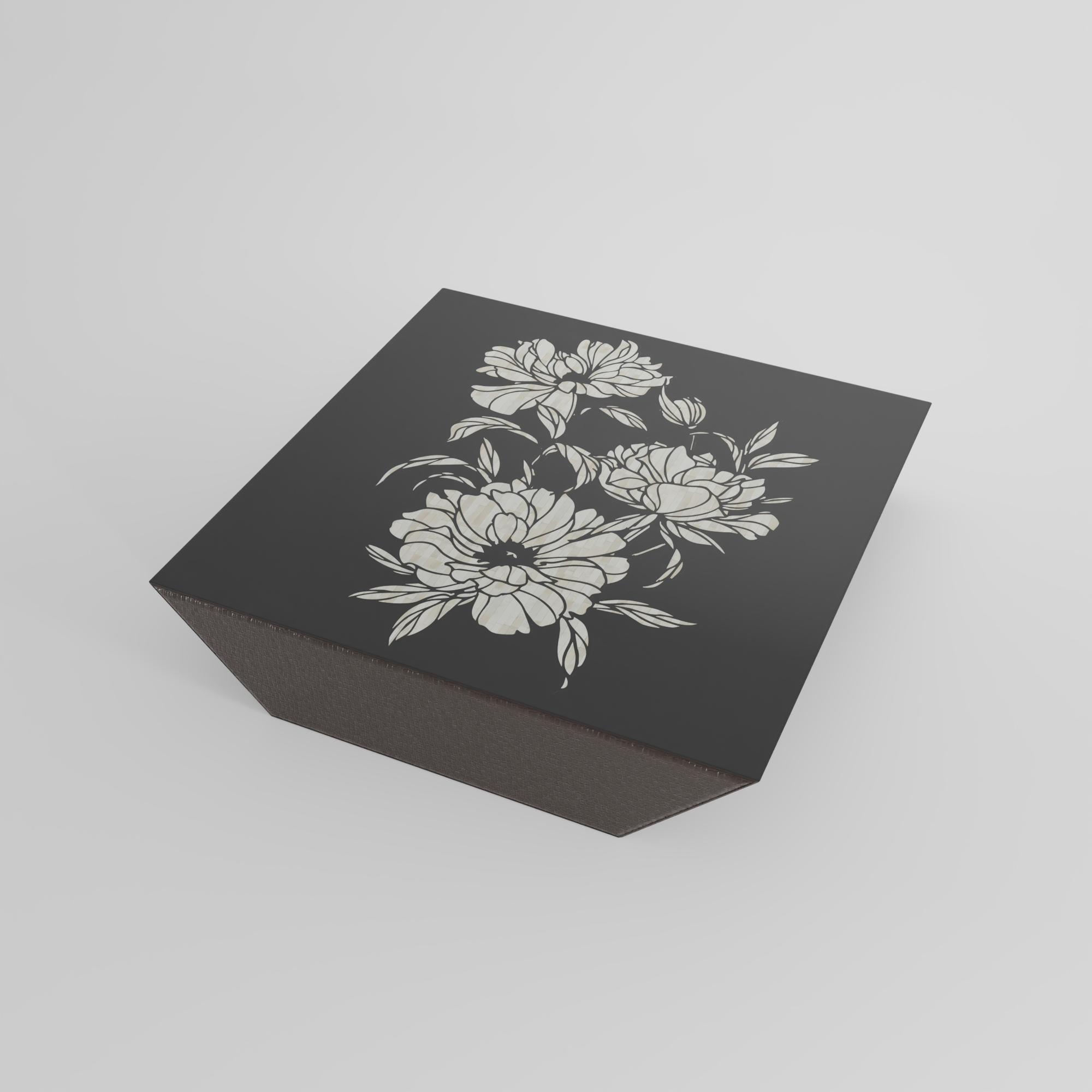 Noir Bloom black floral inlay center table in luxury living room setting