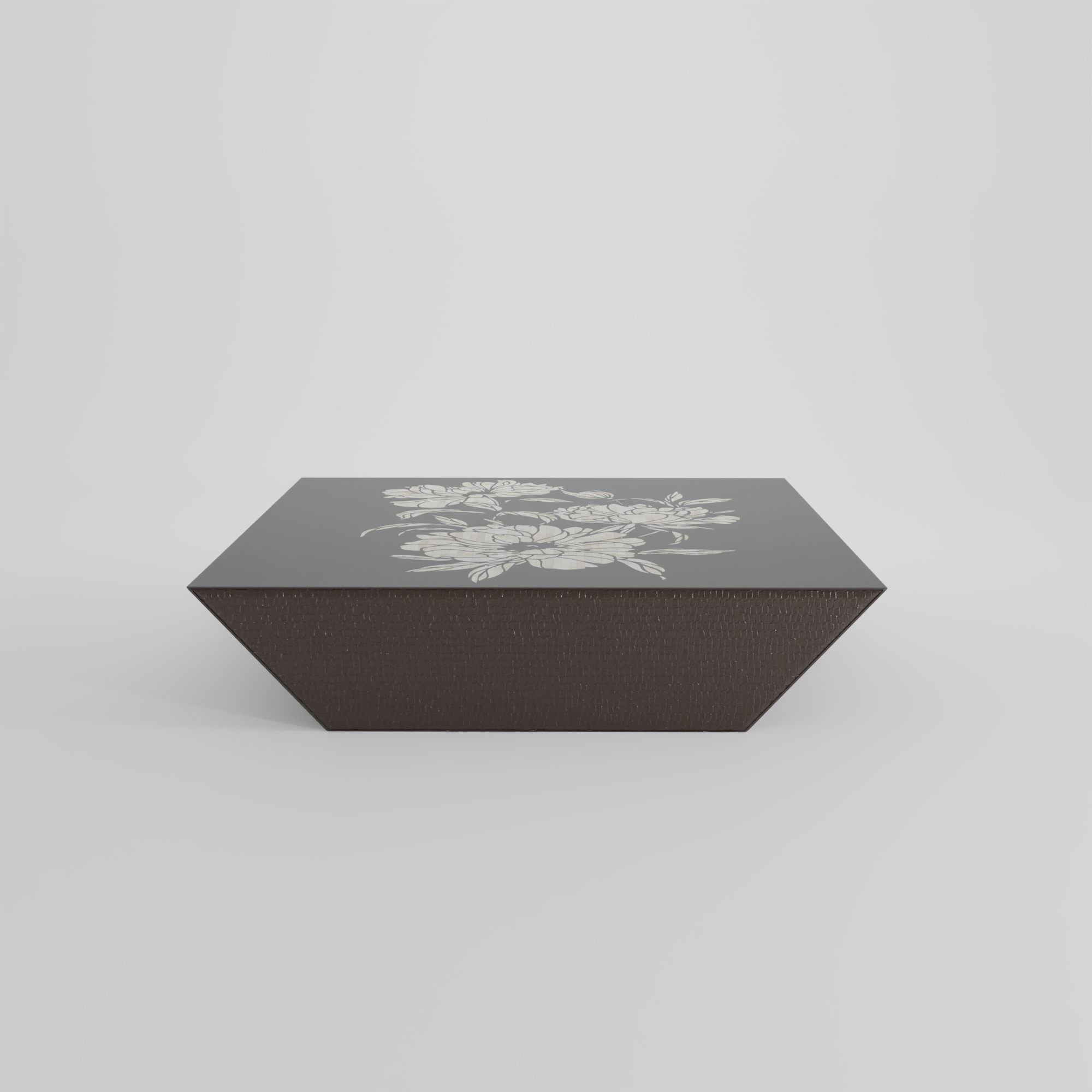 Black high gloss coffee table with ivory floral artwork top view