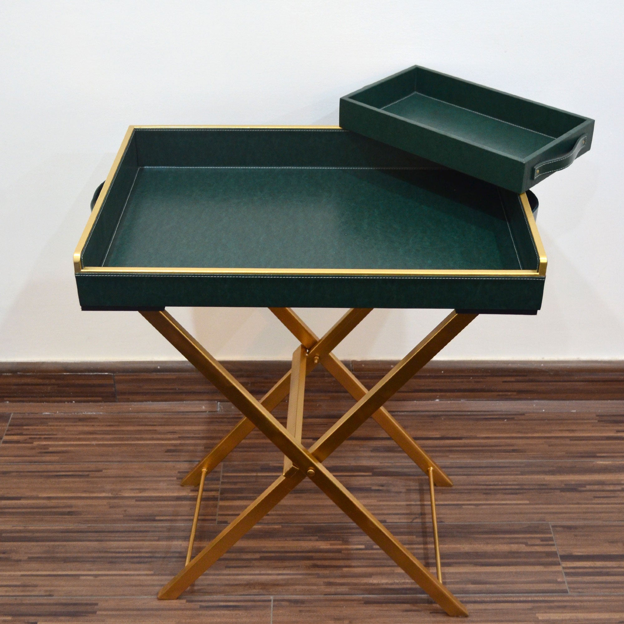 Versatile folding butler tray for indoor or outdoor use.