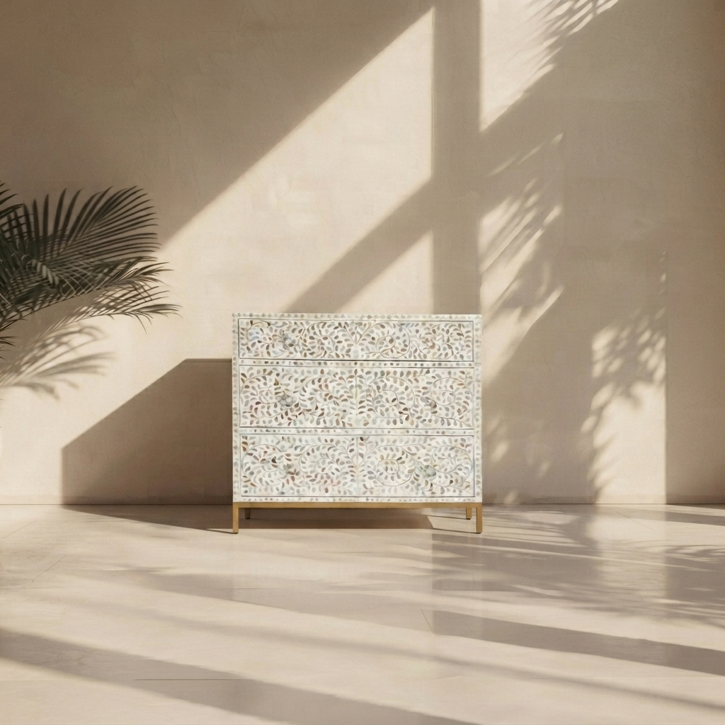 White Cleo Mother of Pearl Inlay Chest of Drawers