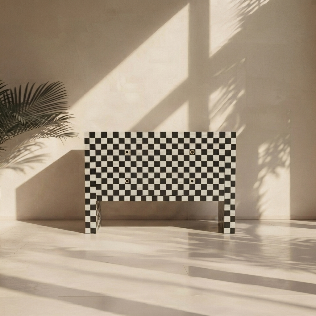 Black & White Checkerboard Bone Inlay Console Table