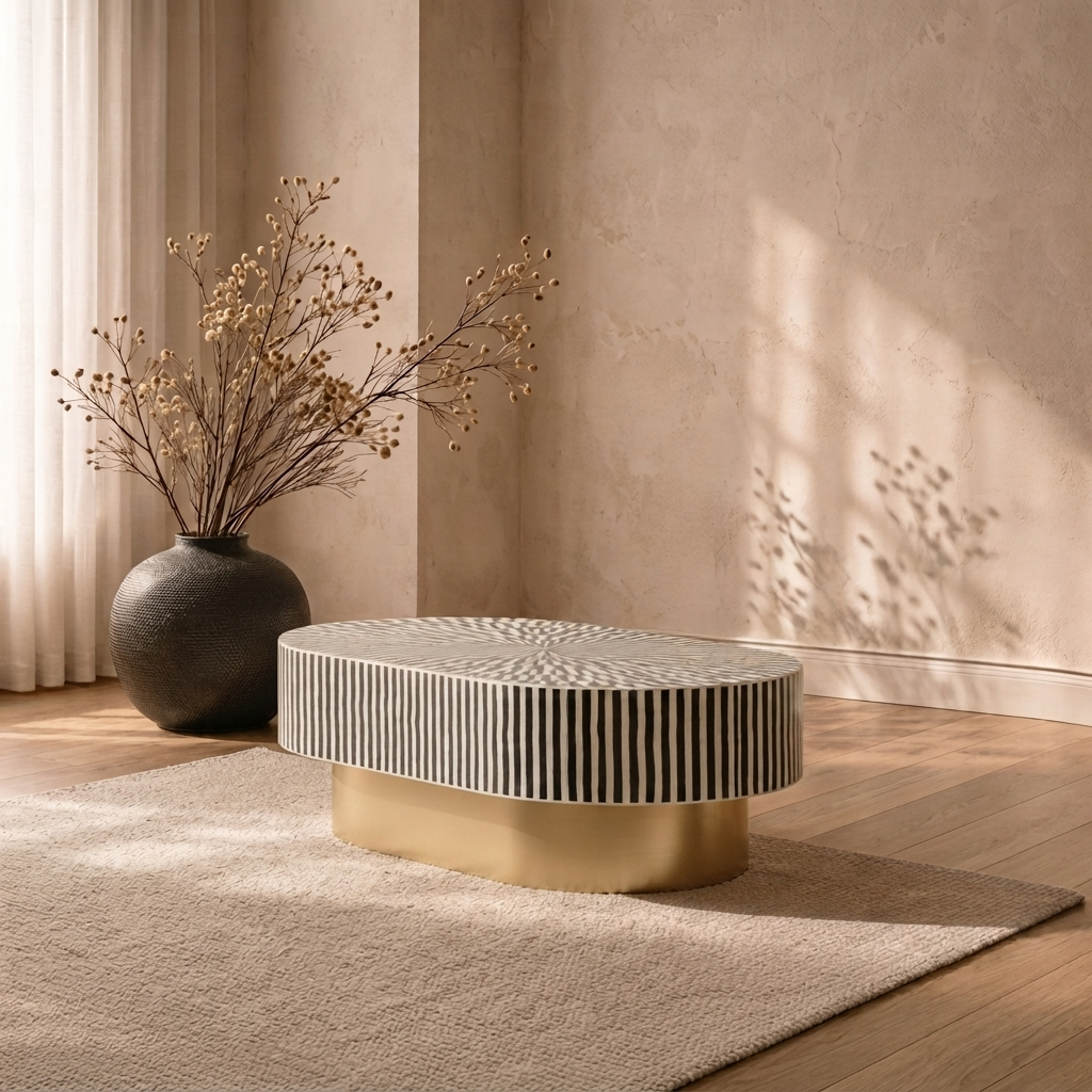 Azure Sunstrike Oval Luxe Coffee Table – Radial Inlay with Gold Base