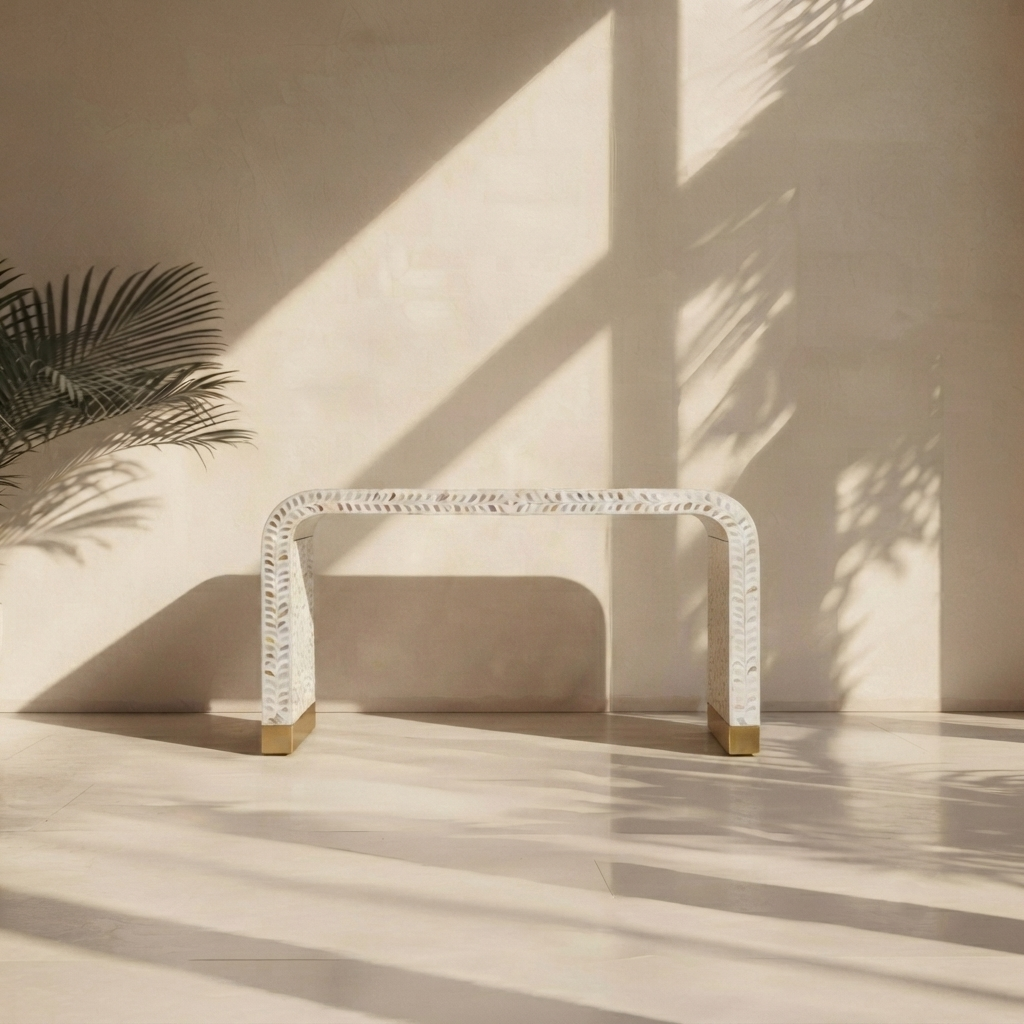 White Mother of Pearl Inlay Console Table – Cleo Pattern Luxury Entryway Table