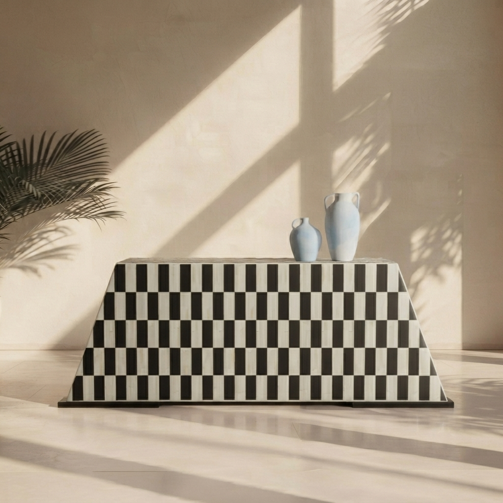 CasaGold Illusion Checkerboard Sideboard - Bone Inlay Cabinet