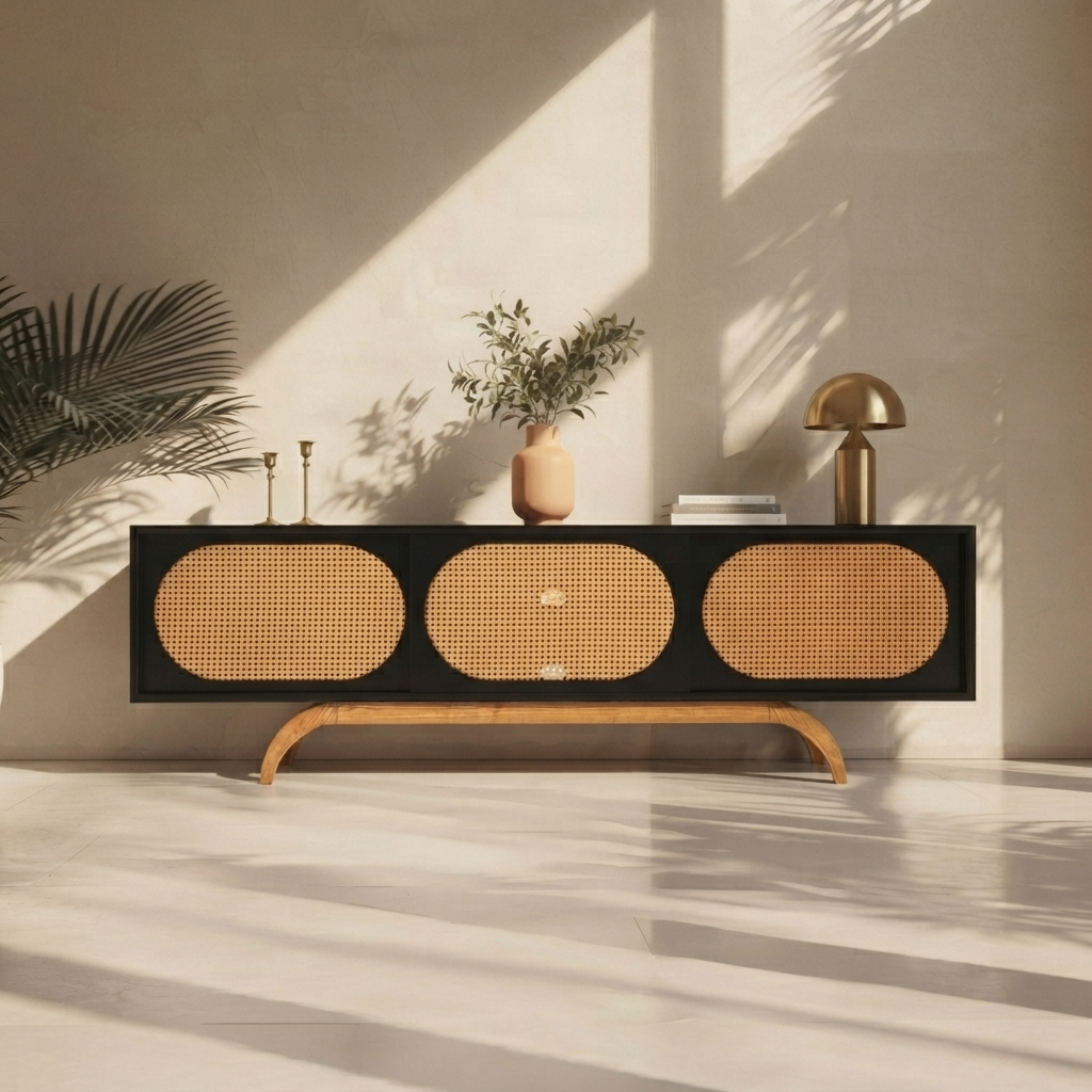 Modern Arch Media Unit with Rattan Accents