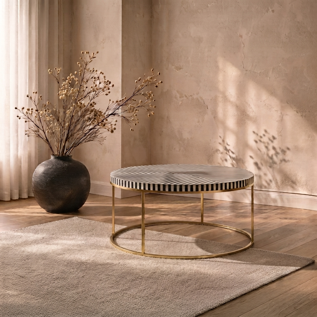 Inlay Georgia Round Coffee Table with Metal Stand- New Waterfall