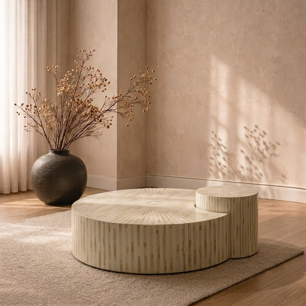 Sunburst Serenity: Inlay Nesting Coffee Table Set