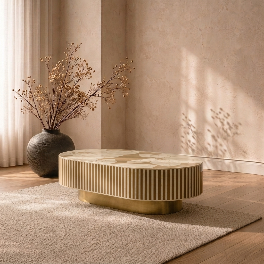 Inlay Jordan Oval Shape Coffee Table - Hibiscus