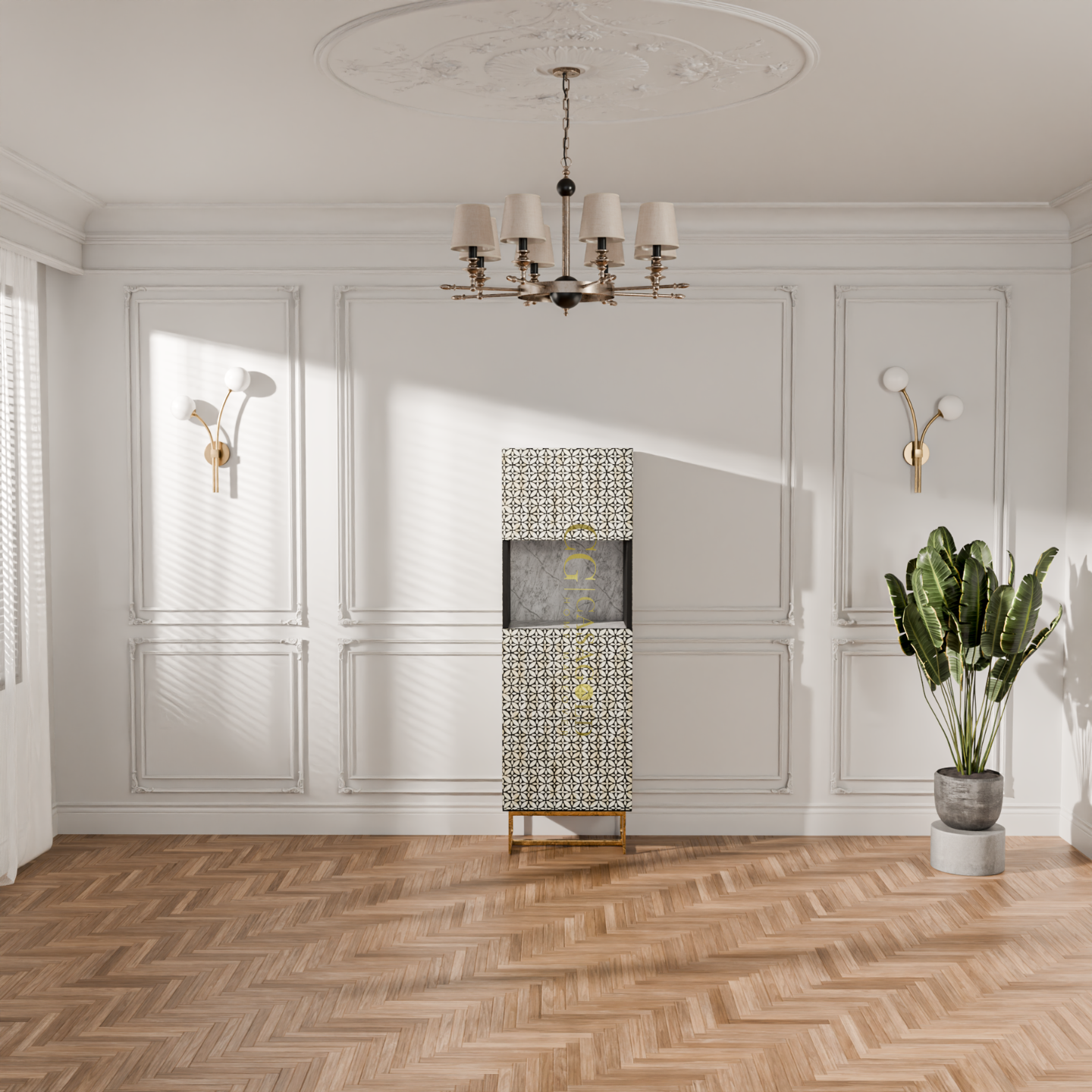 Tall patterned cabinet wit metal base frame
