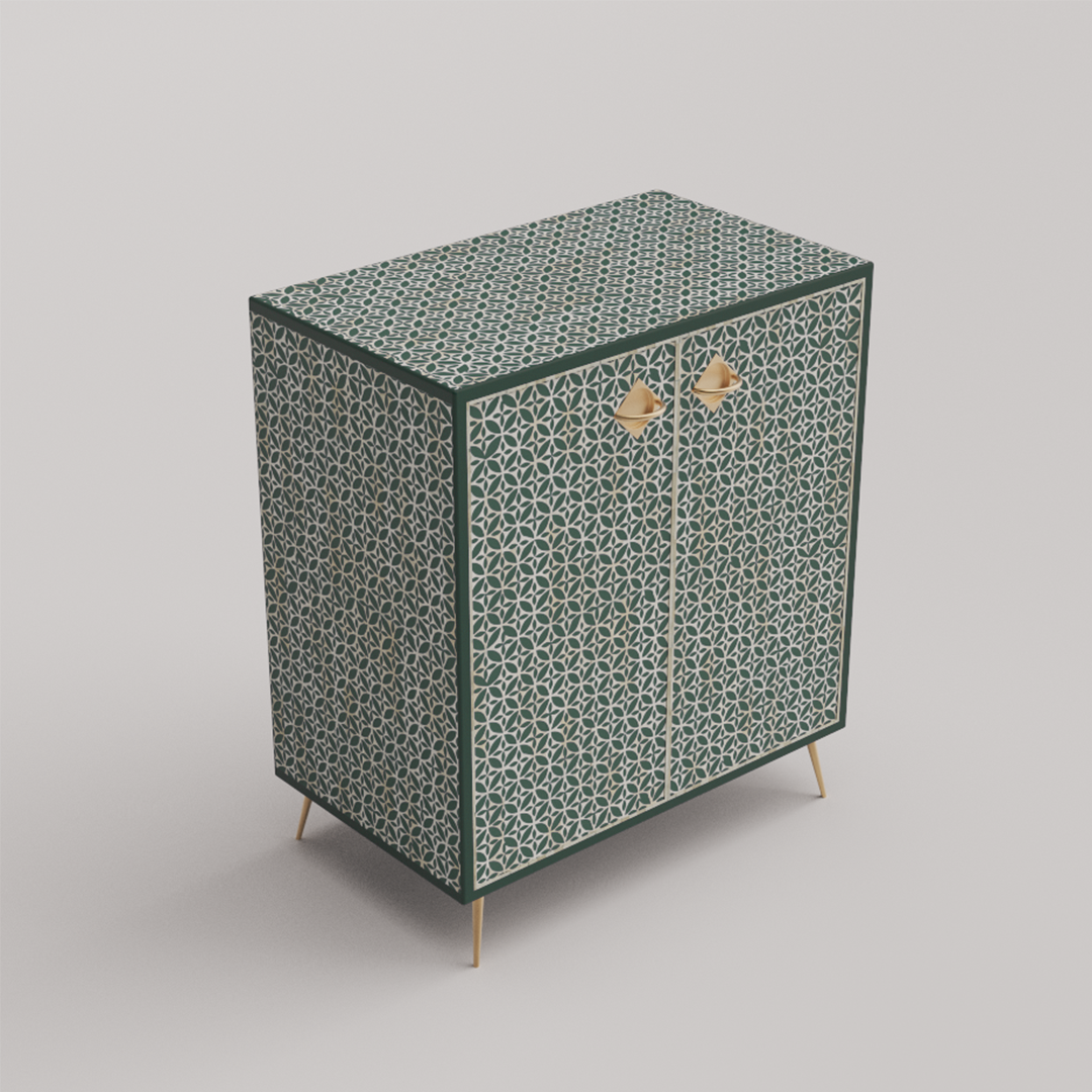 Geometric Green & gold bone inlay storage cabinet for opulent living.