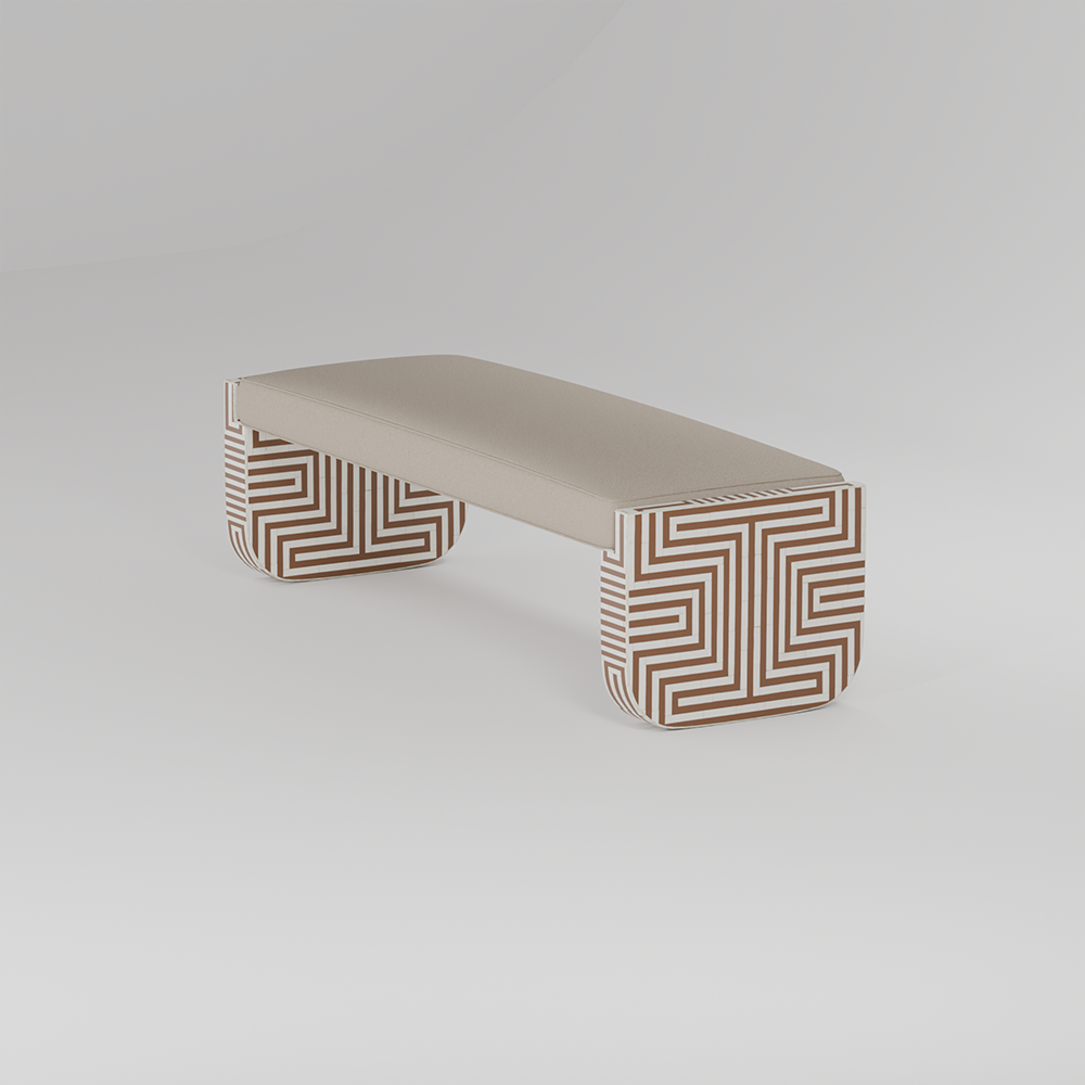 A bold statement bench featuring striking lines and luxurious upholstery.