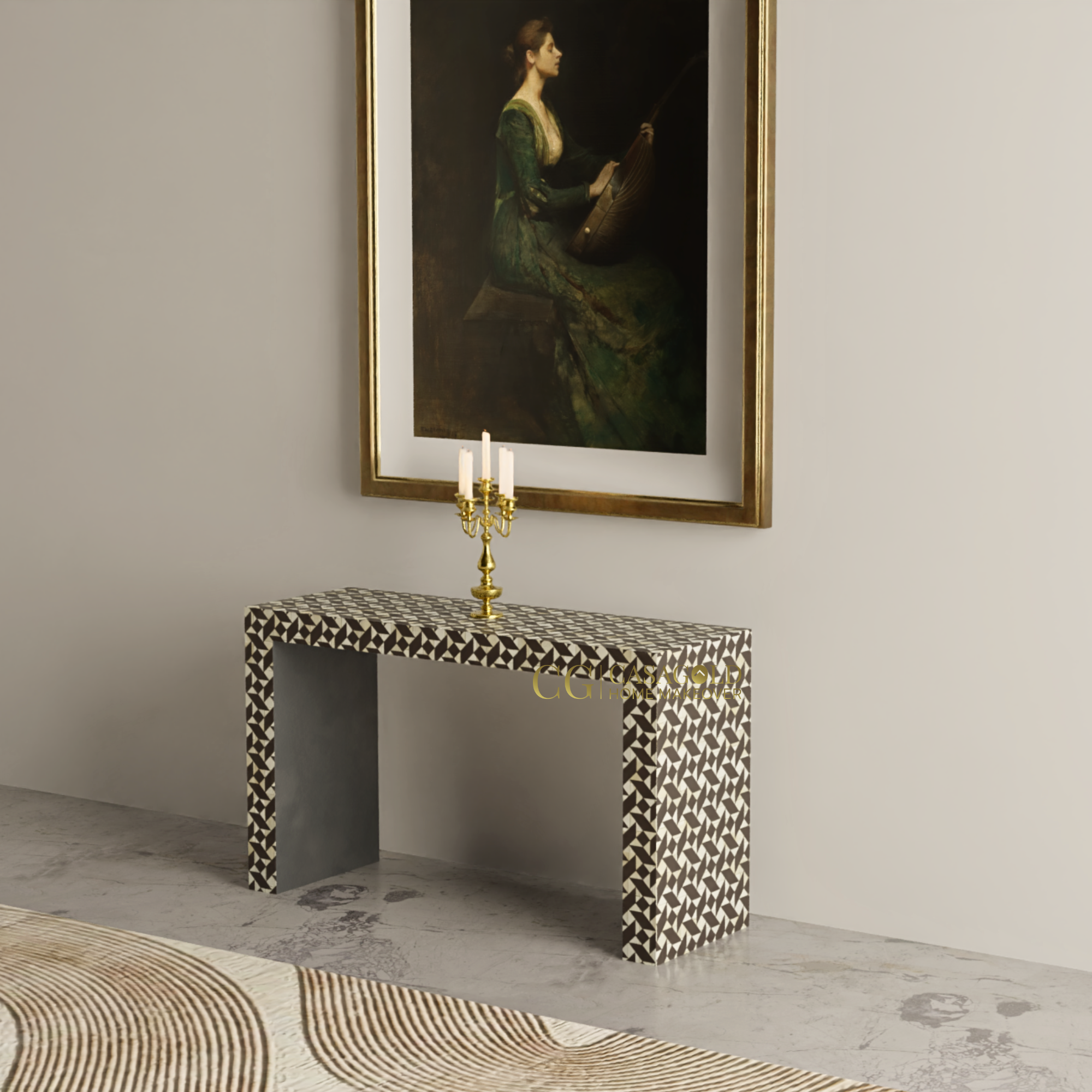 Unique geometric inlay console for elegant home styling
