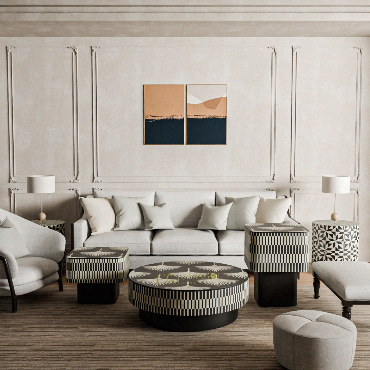 A coordinated trio of furniture pieces with black bases and contrasting black and white patterned tops