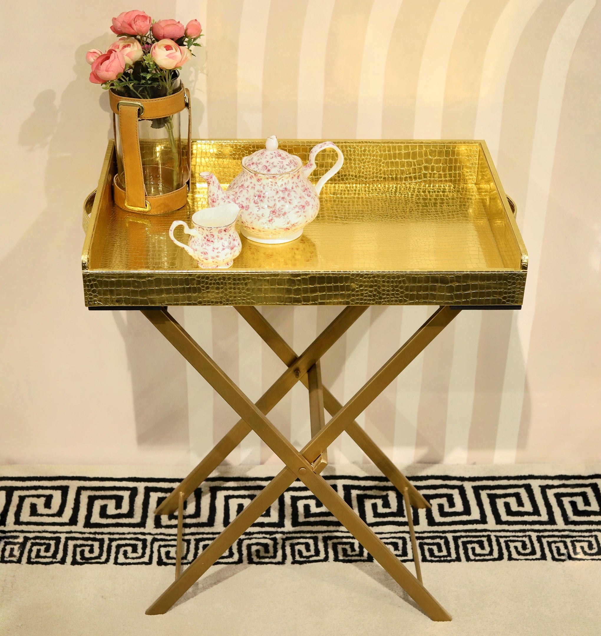 Gold butler tray for versatile use in kitchen or living