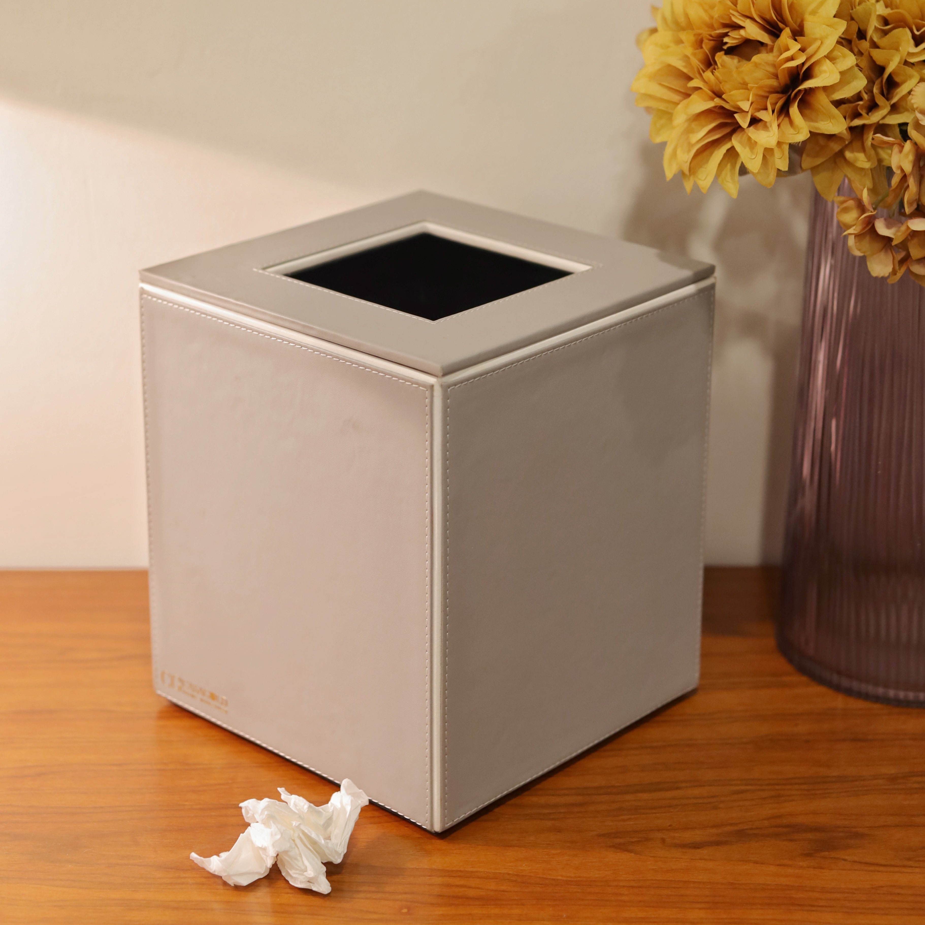 Grey dustbin in a luxurious bathroom