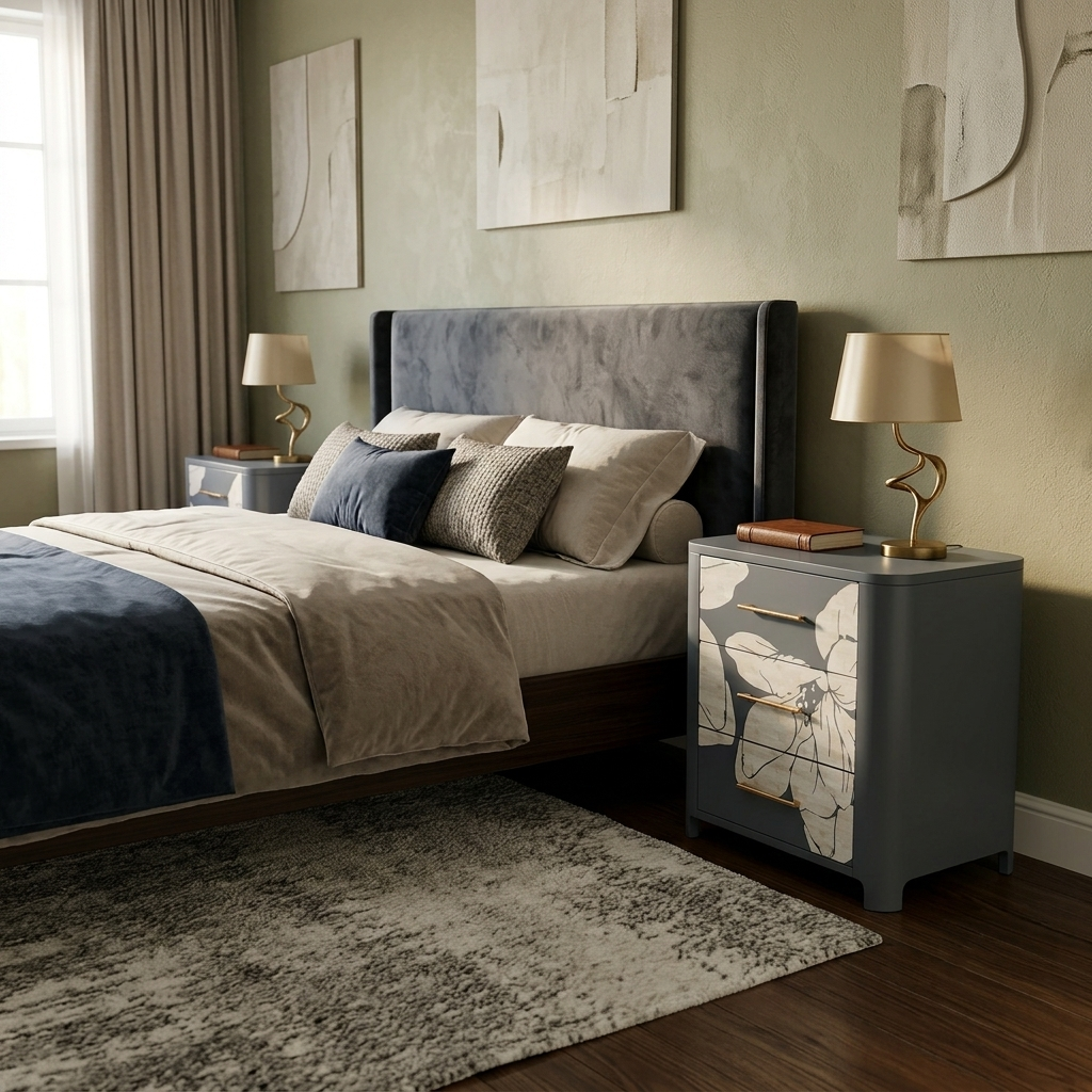 A modern bedroom scene featuring a gray upholstered bed frame with a tall headboard, styled with neutral beige and blue bedding, flanked by matching gray nightstands with white floral artwork and gold lamps.