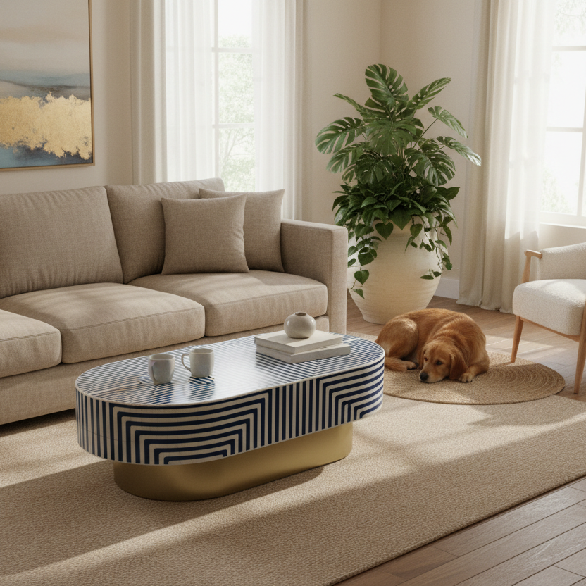 Harmony Oval Luxe Coffee Table – Linear Inlay with Gold Base