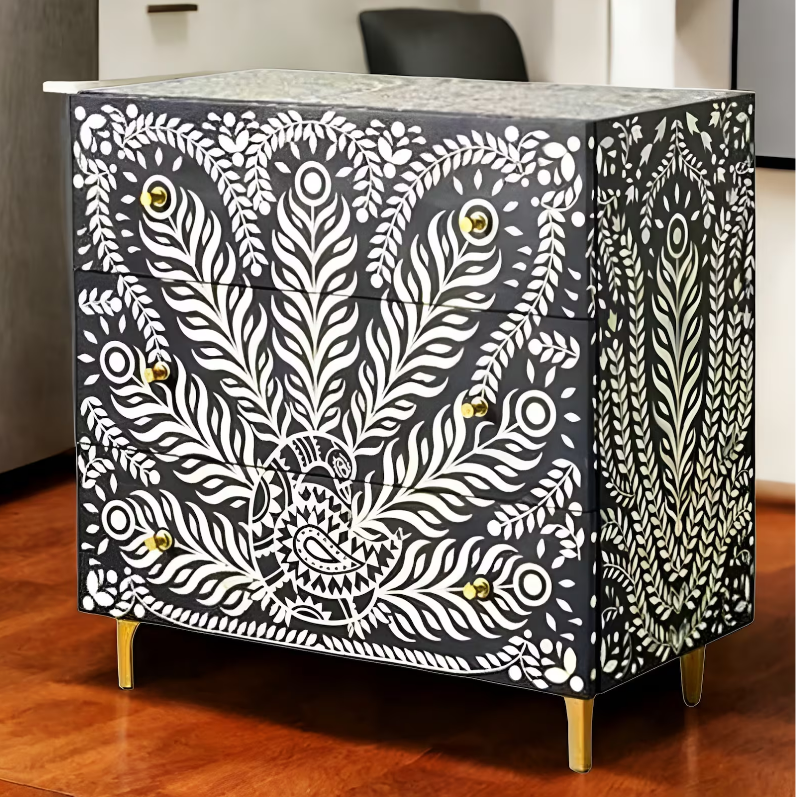 Bespoke handcrafted bone inlay chest for custom interiors.
Bespoke Bone Inlay Storage Chest of drawer 