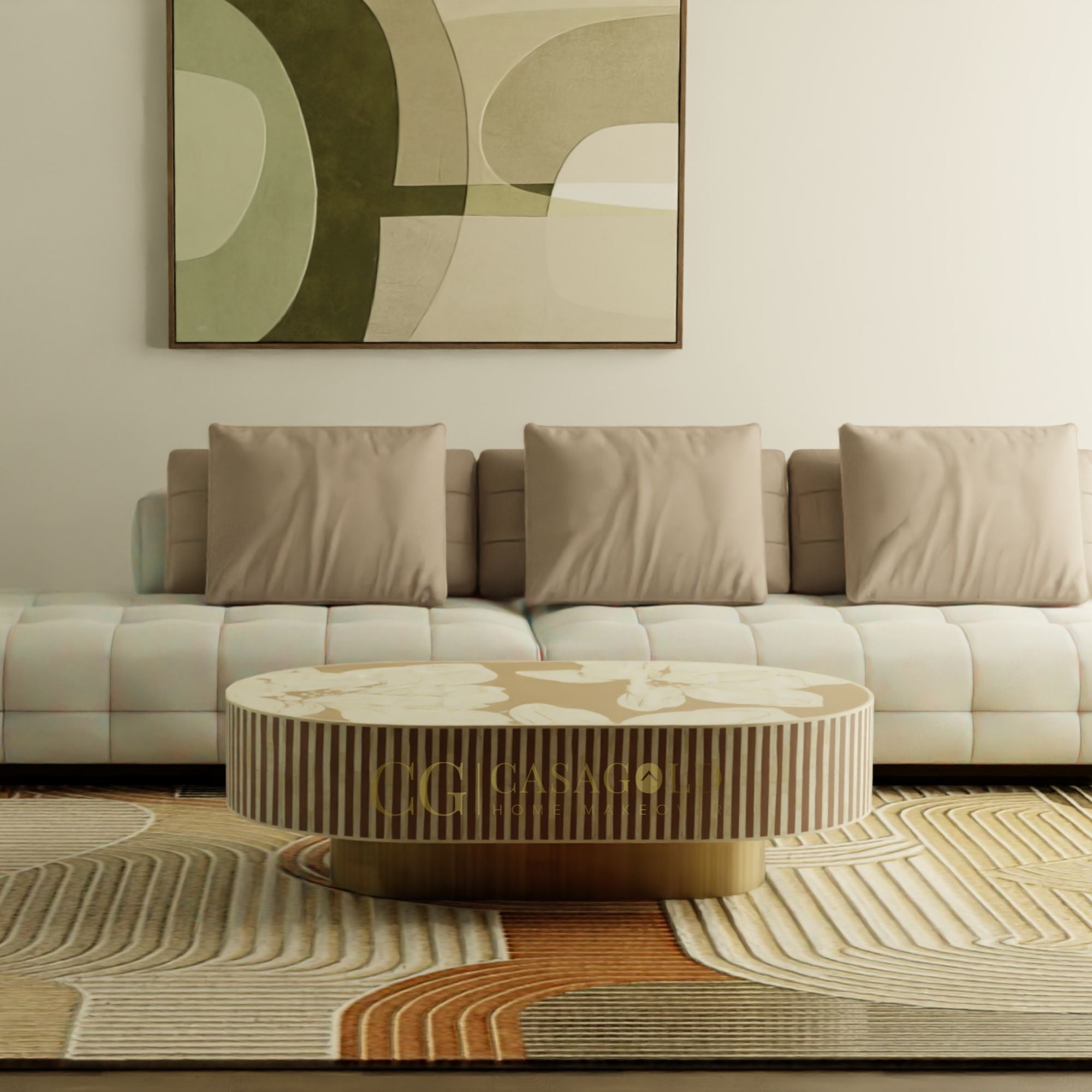 Handcrafted Bone Inlay Oblong Table for Living Room
