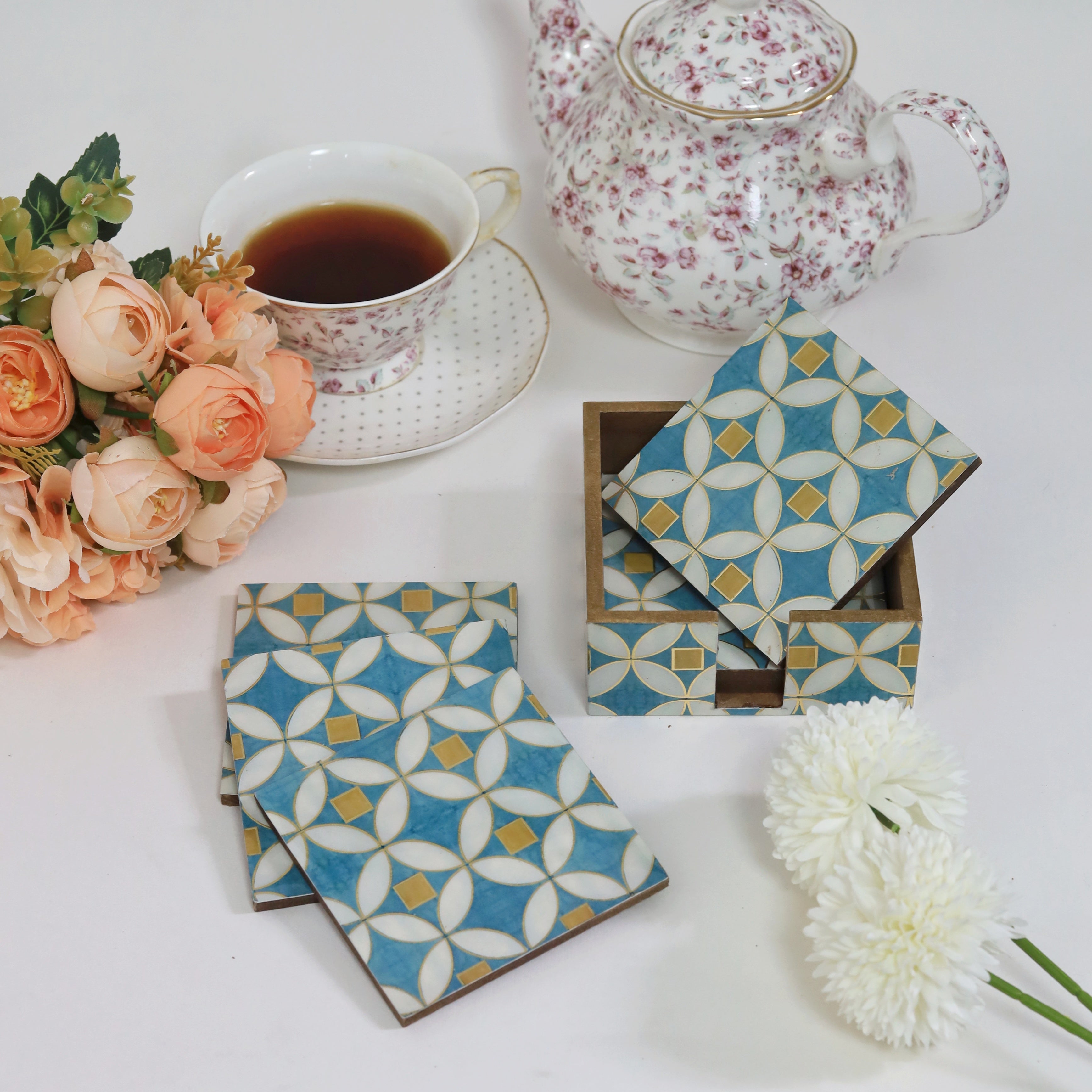 Premium handcrafted coaster and tissue box set
