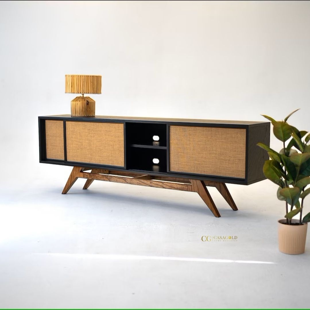 Handcrafted wooden sideboard with rattan panels