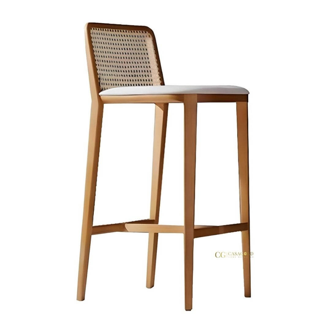 Handcrafted rattan high chair with a sleek wooden base