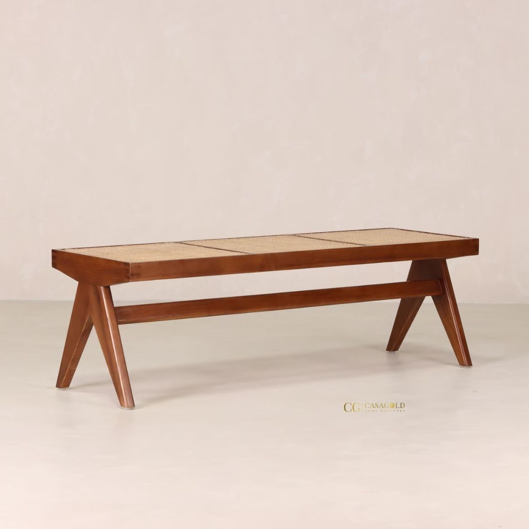 Handcrafted teak bench with rattan detailing, mid-century design