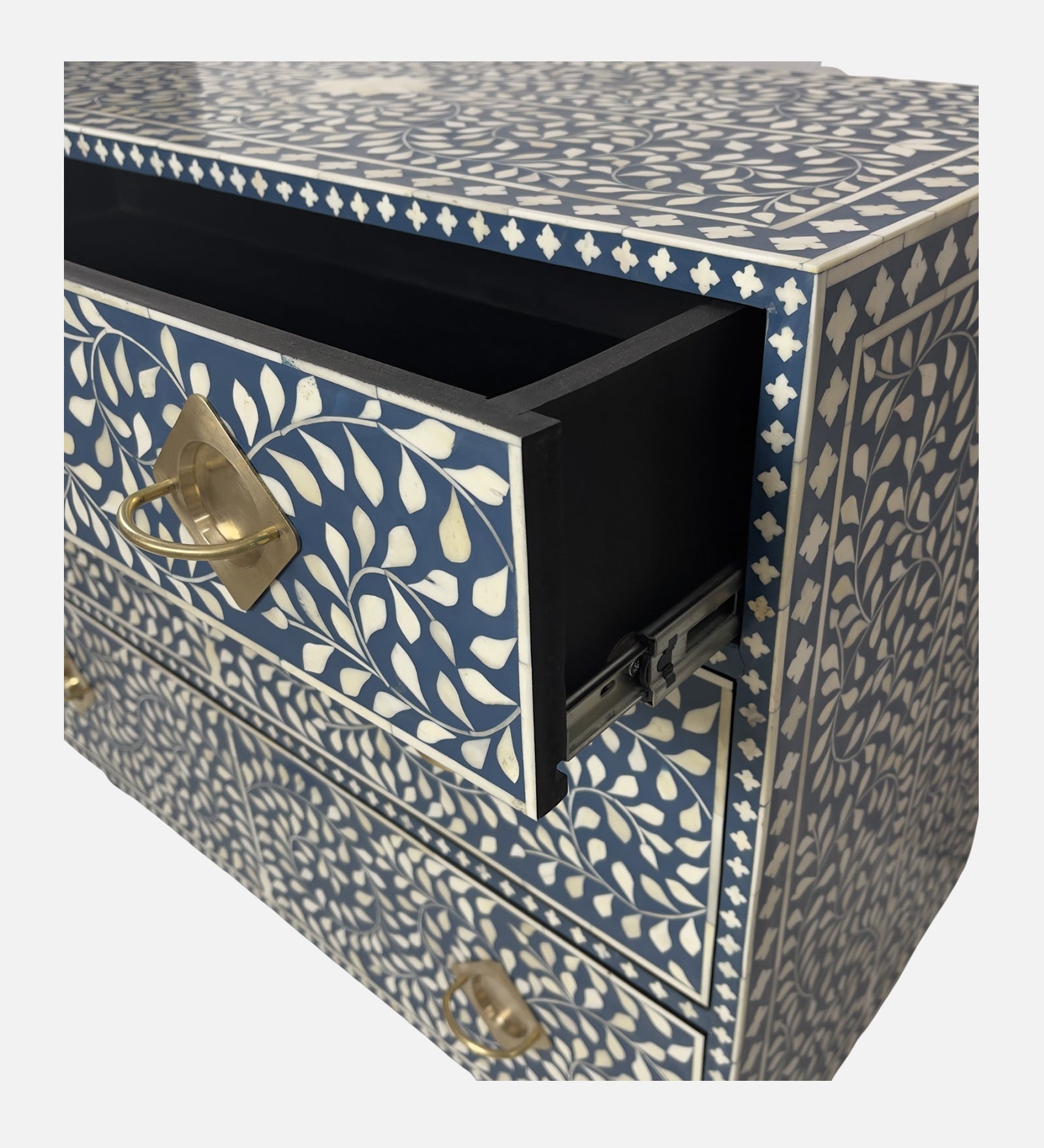 Handcrafted cleo bone inlay chest of drawers with intricate design
