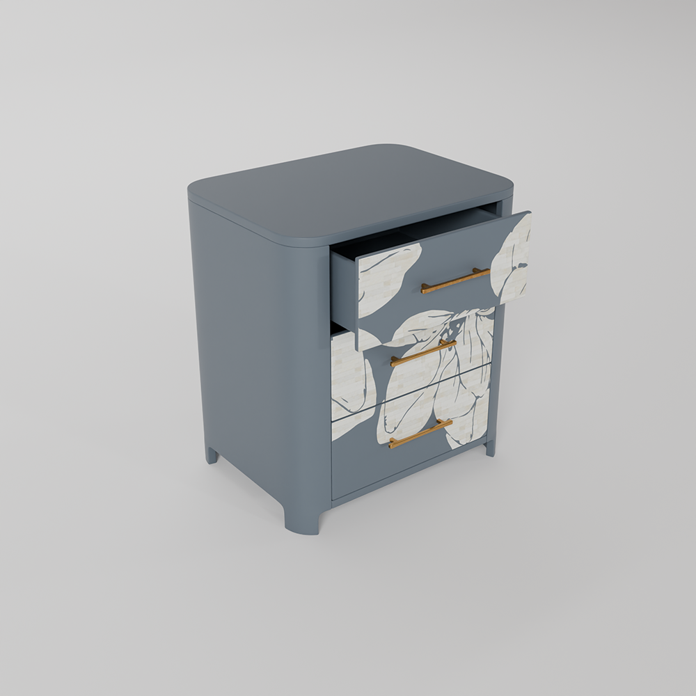 A modern three-drawer nightstand in a muted slate blue-gray finish, featuring white marble-patterned drawer fronts with gold handles and one open top drawer.