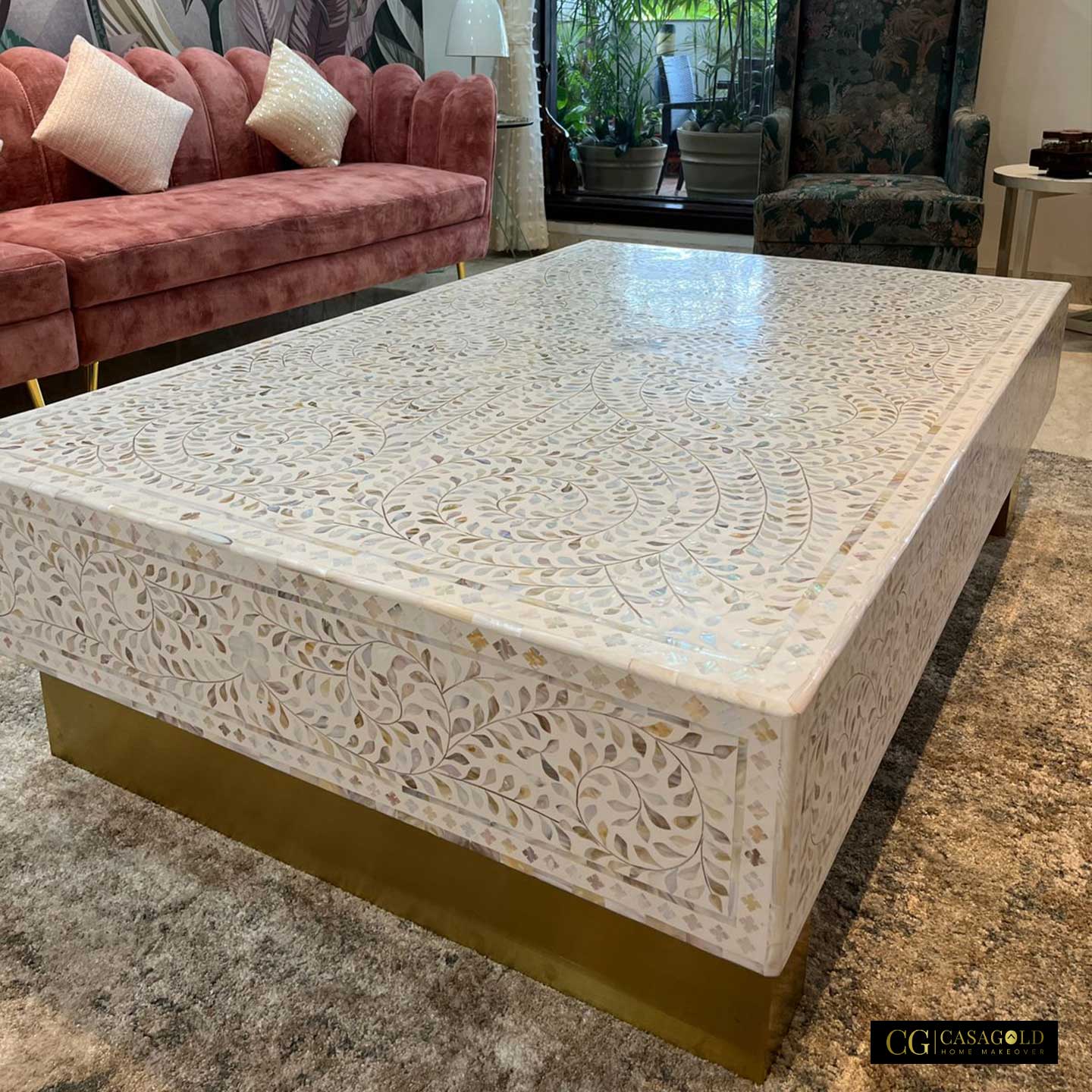 "Handcrafted rectangular coffee table with detailed MOP inlay artwork"
