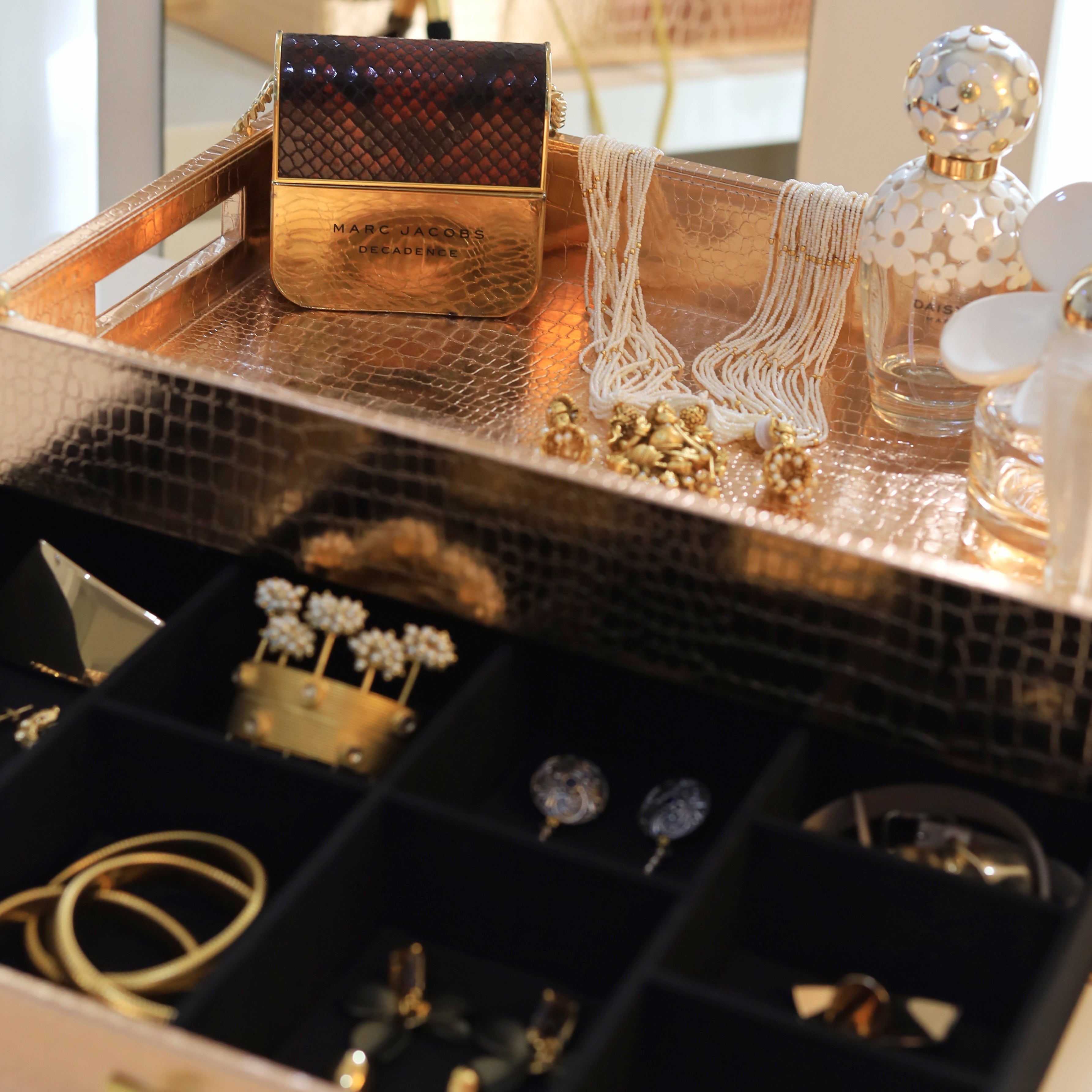Handcrafted wooden tray with luxury storage sections

