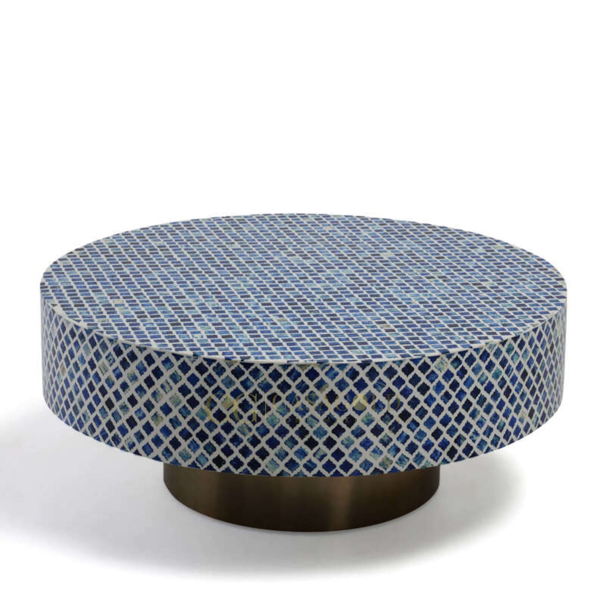 Handmade Round Coffee Table with Inlay Art
