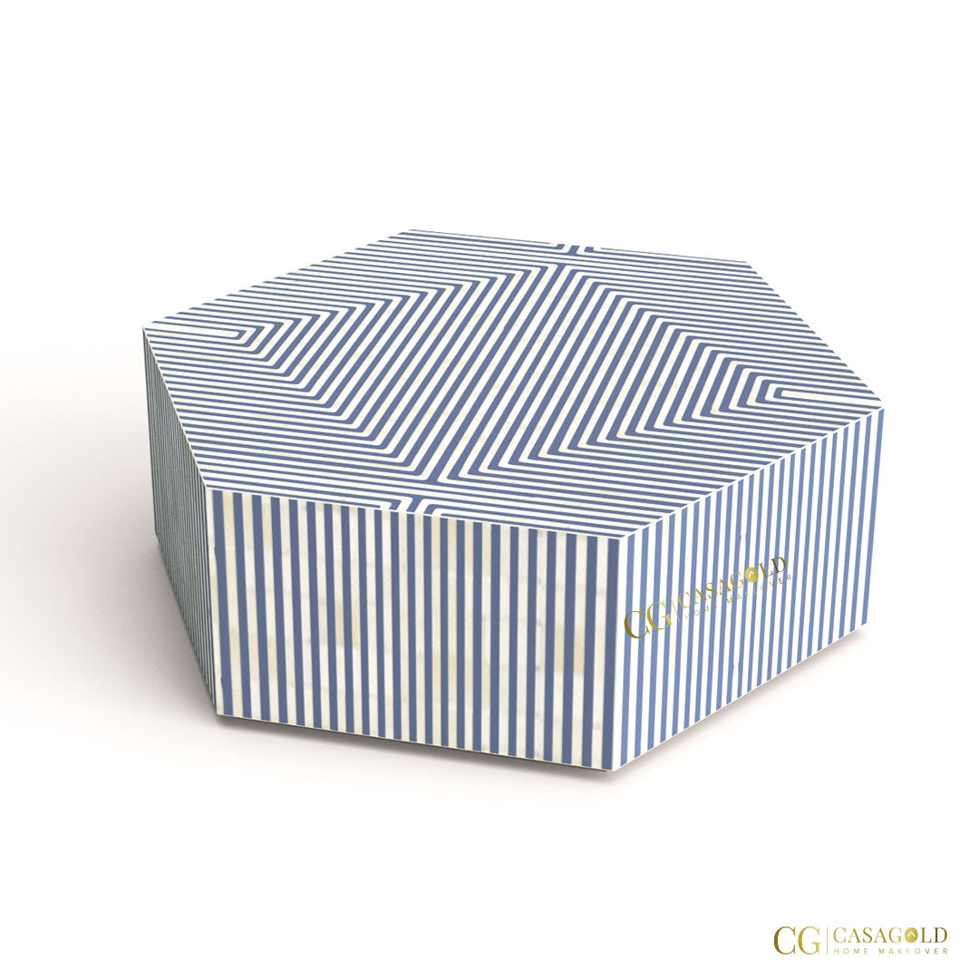 "Hexagon coffee table featuring bold patterned bone inlay"
