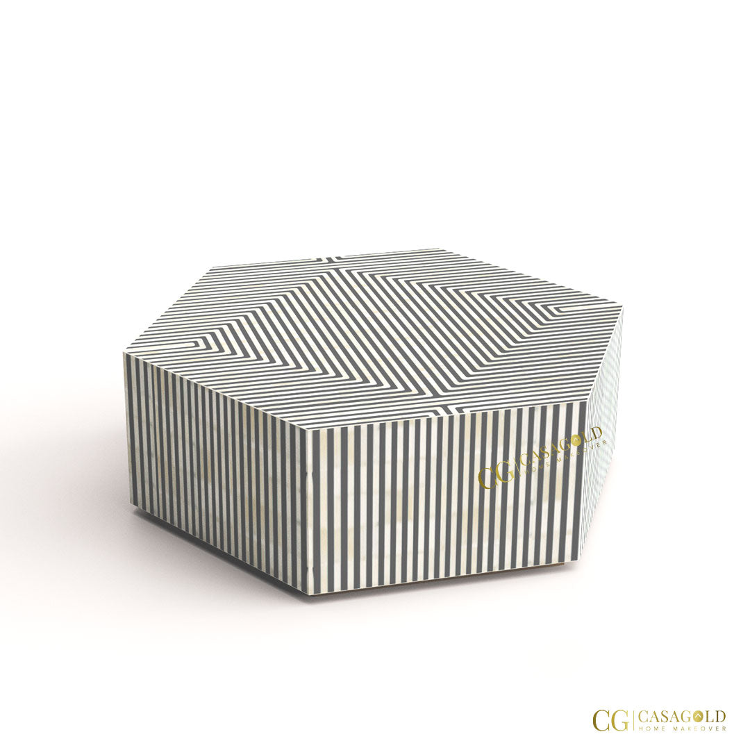 "Hexagonal coffee table with black bone inlay finish"
