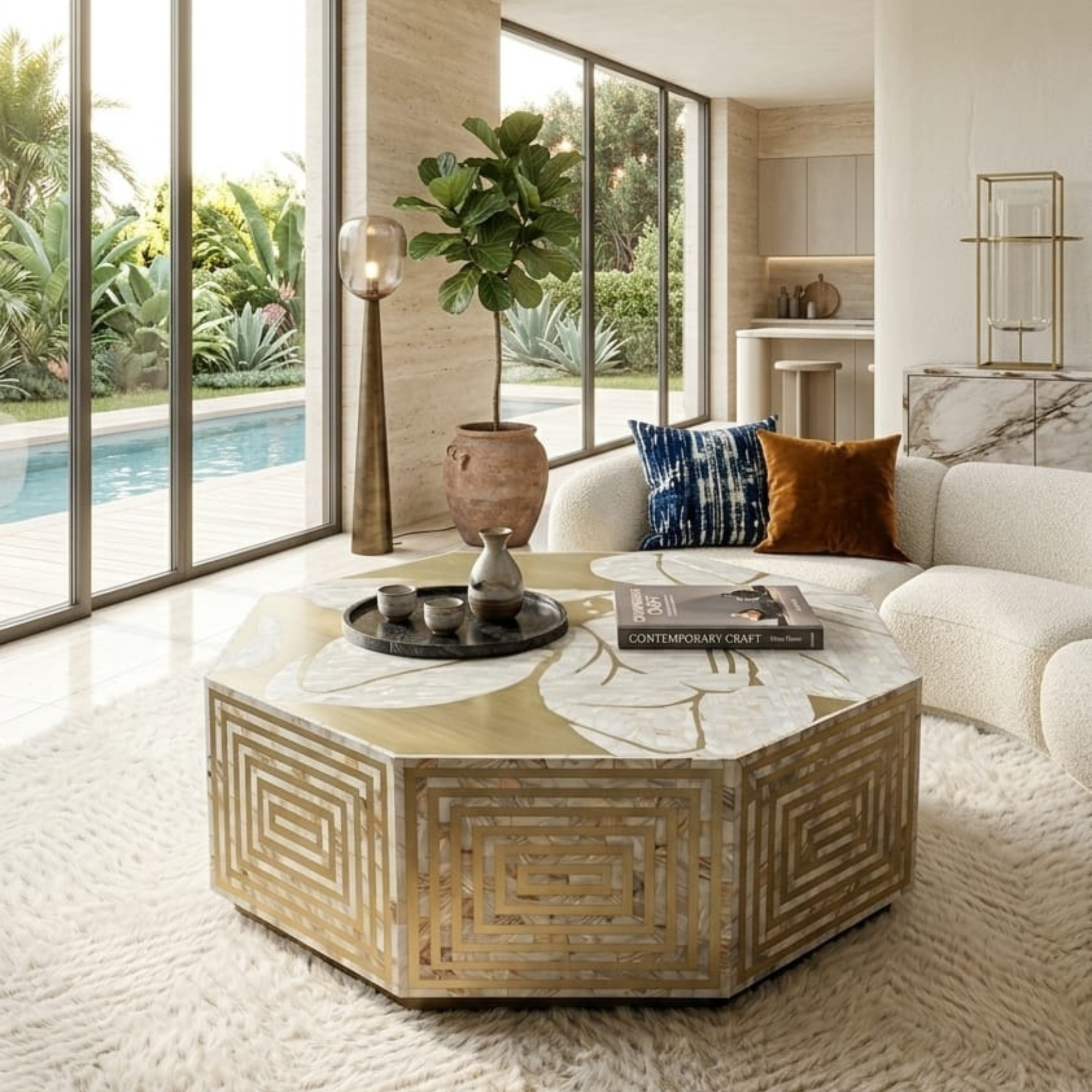Mother of Pearl Hexagon Floral Coffee Table – Gold & Ivory White