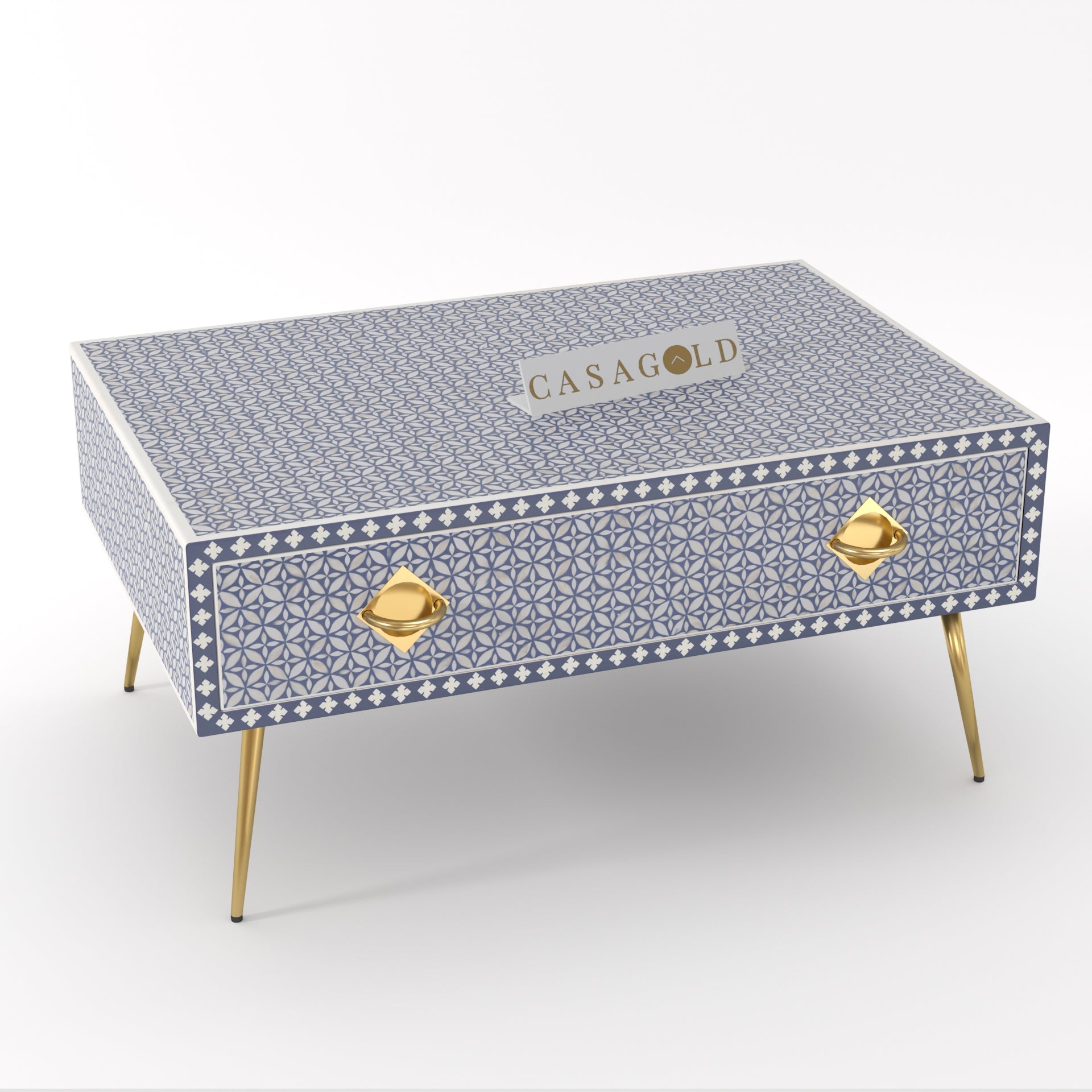 "Rectangular coffee table with tribal-inspired bone inlay designs"
