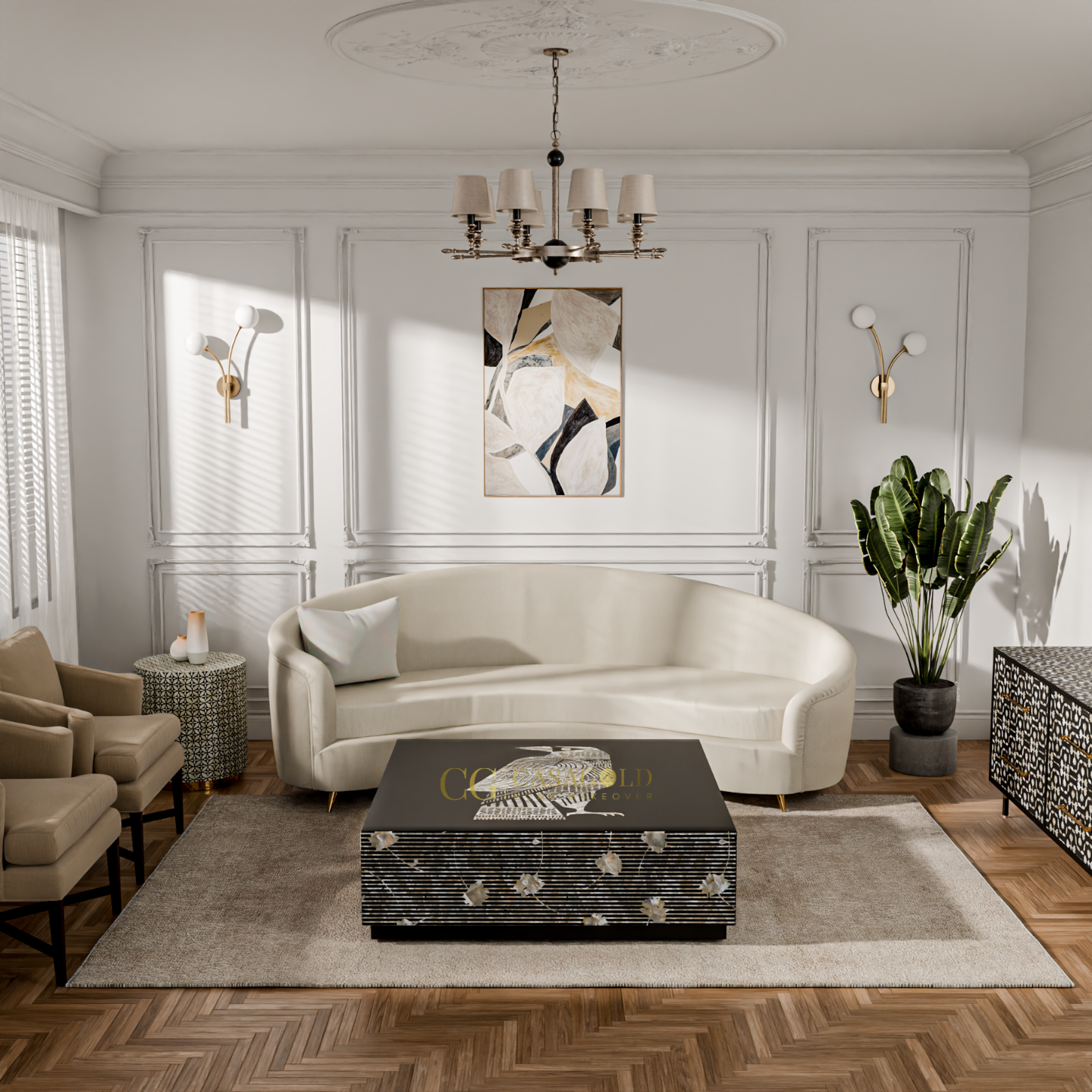 Decorative rectangular coffee table with hand-inlaid bird artwork and mother-of-pearl striped detailing.