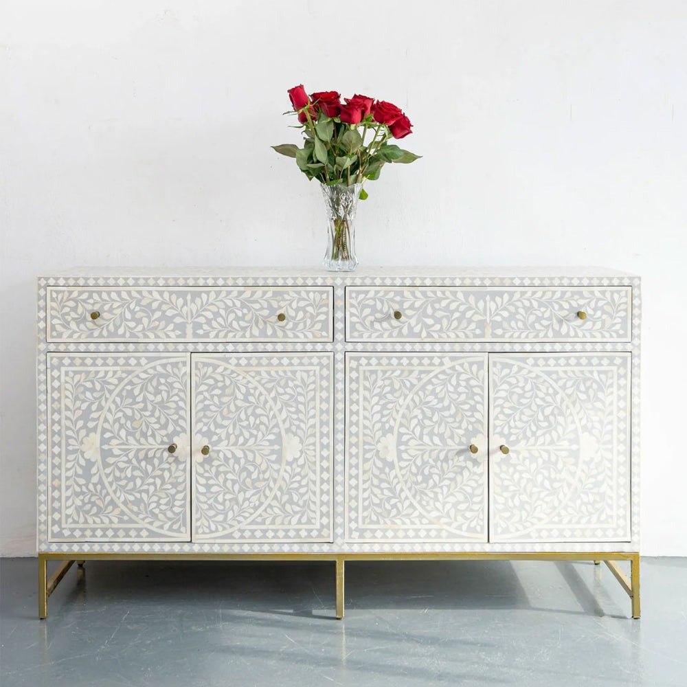 Ivory Cleo bone inlay sideboard with delicate craftsmanship.
