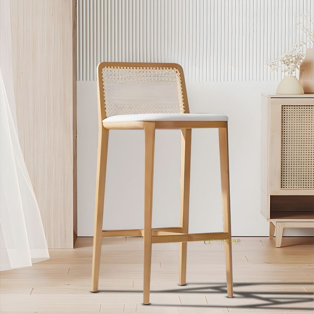 Elegant rattan bar chair with ivory cushion and wood frame