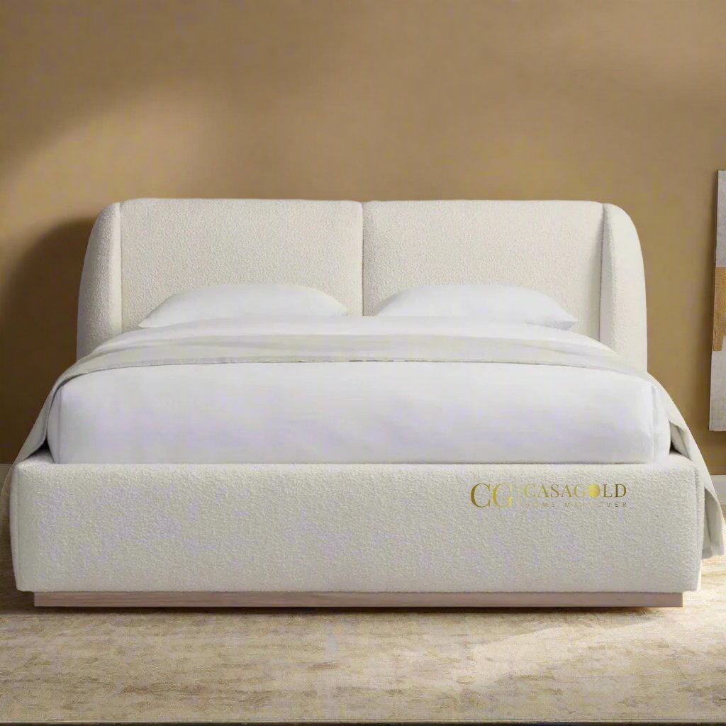 Bouclé Upholstered Bed with Curved Headboard Design