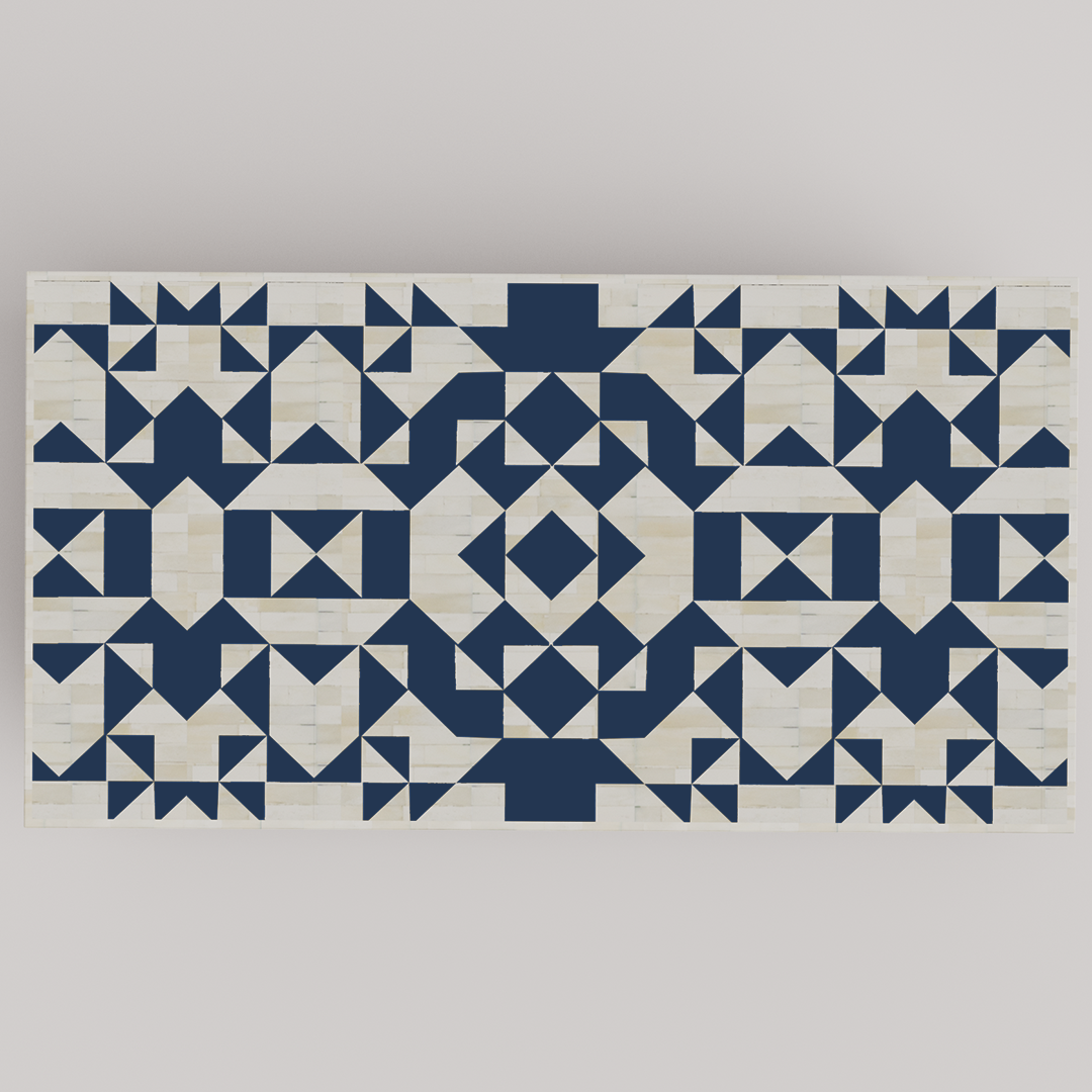 "Large rectangular coffee table with bone inlay for spacious living areas"
