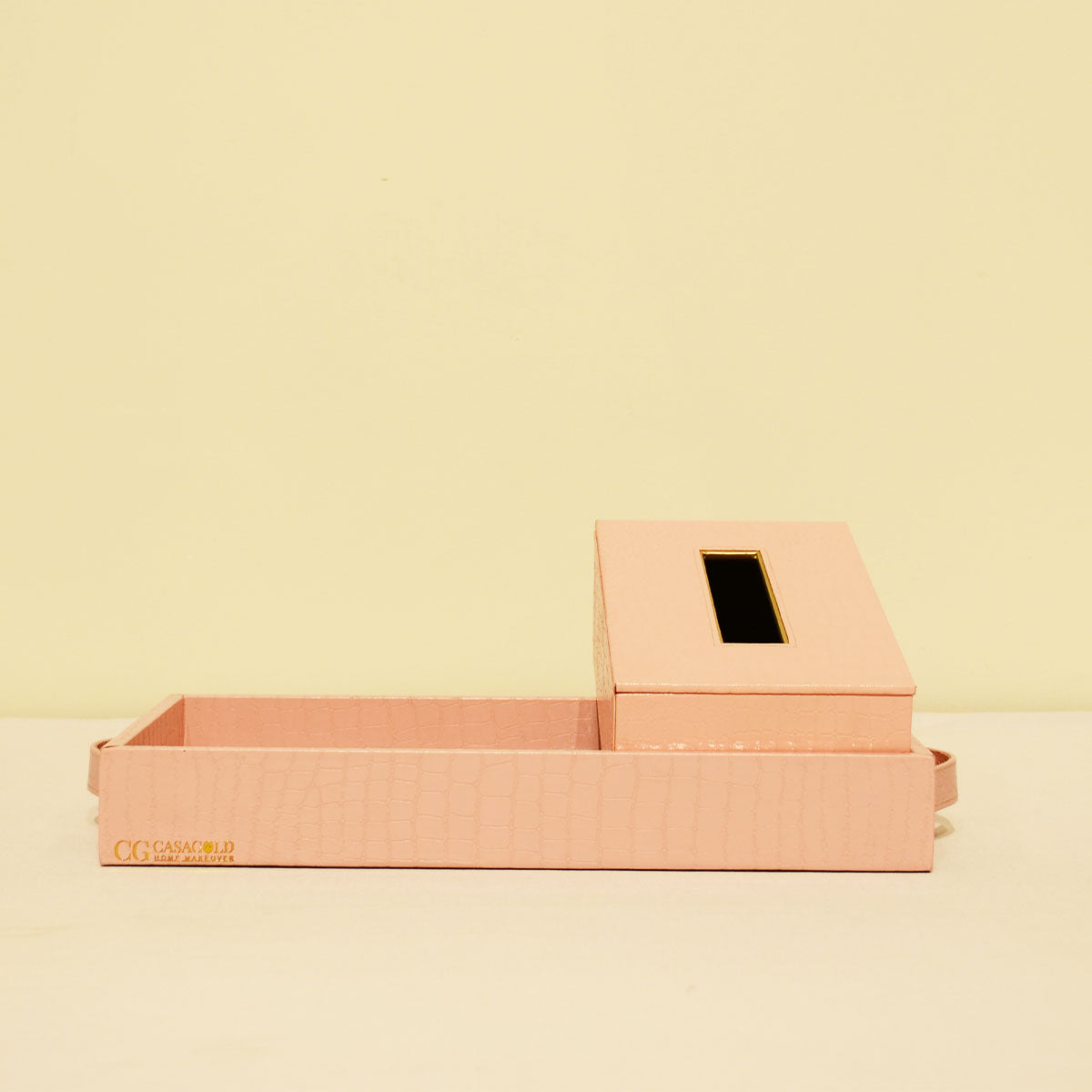 Elegant leather tray with tissue box for office use
