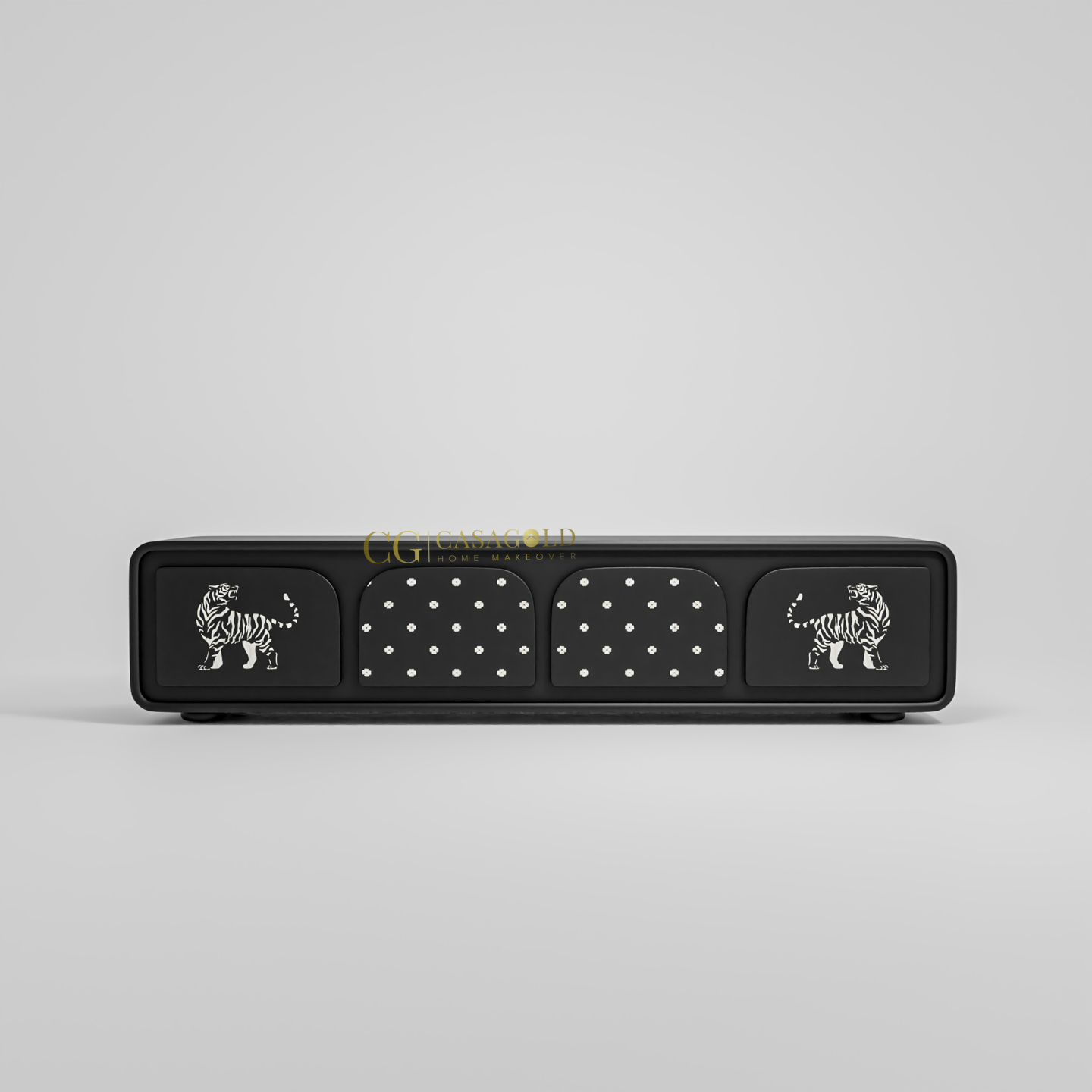 A stylish media cabinet in black with two white tiger illustrations and a dotted pattern.