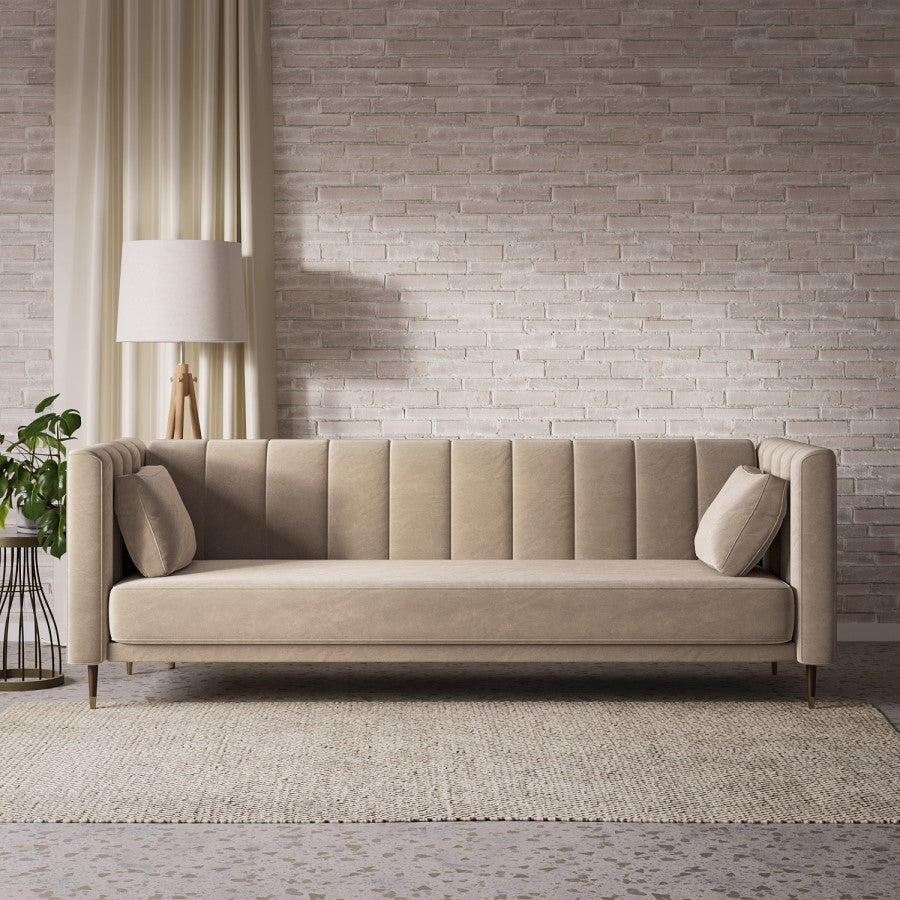 Modern beige channel-tufted three-seater sofa with slim arms and tapered legs, customizable into a two-seater.
