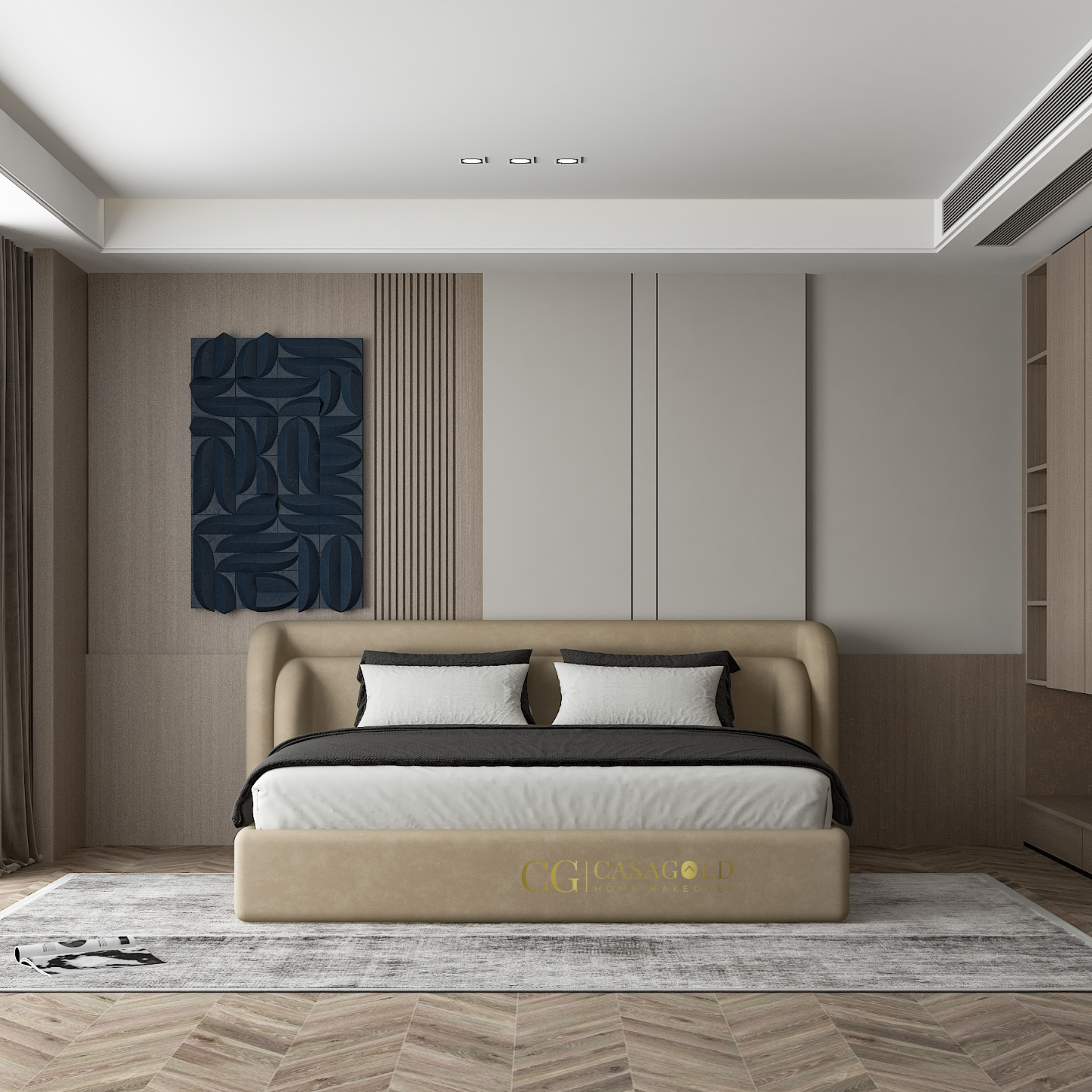 Elegant bed with beige frame and black-accented pillows in a stylish room.