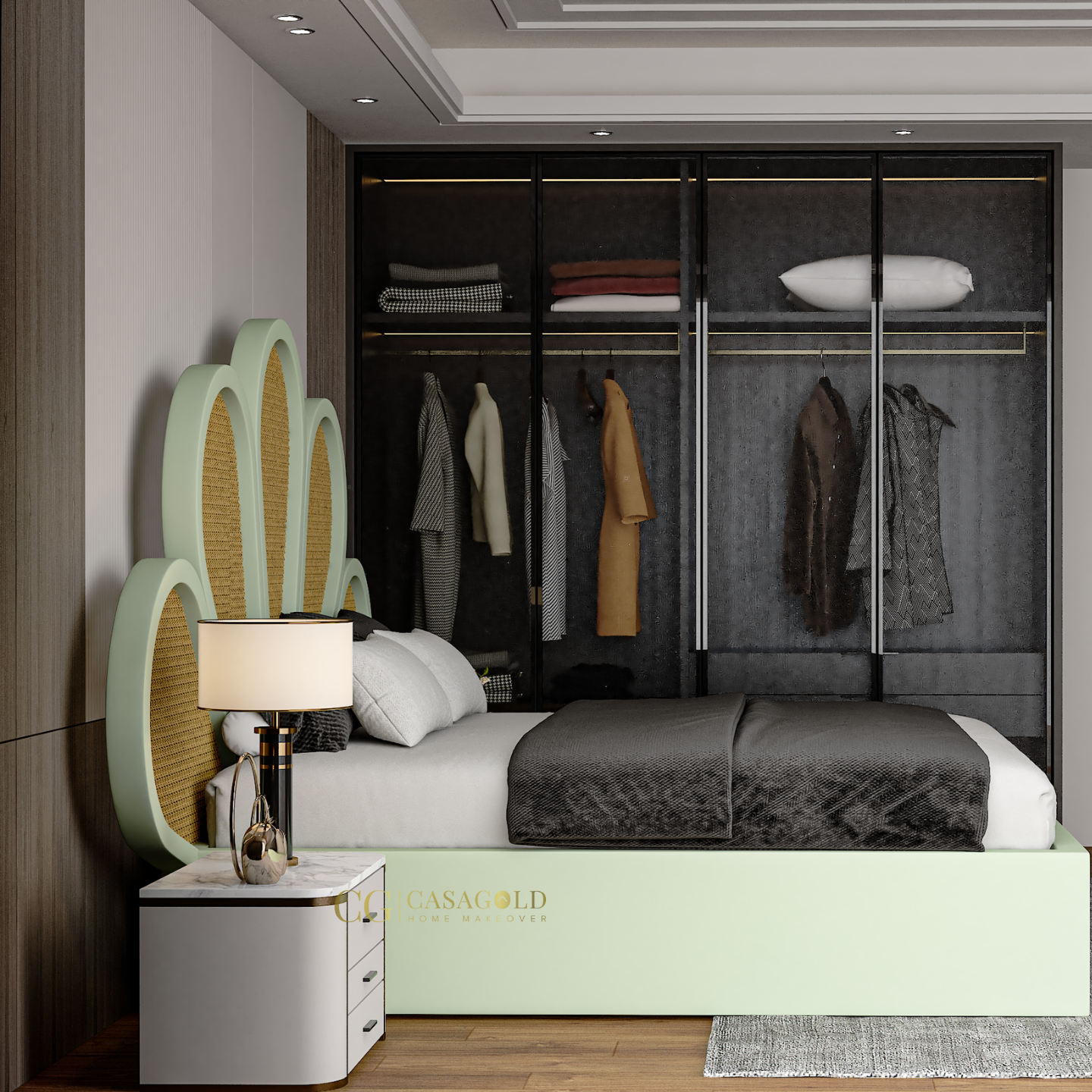Modern luxury bedroom featuring a flower-inspired headboard design.
