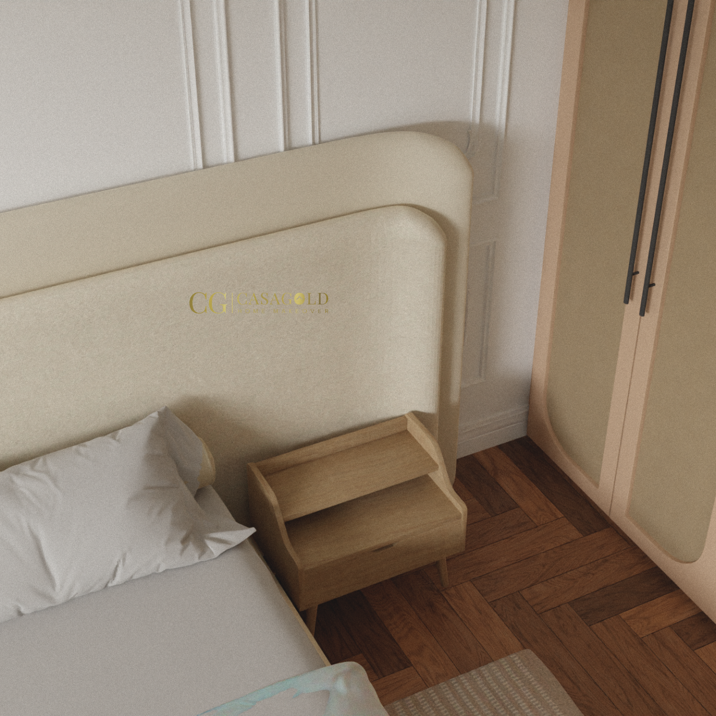 A neutral-toned platform bed with soft fabric upholstery, floating nightstands, and a pendant light in a stylish bedroom