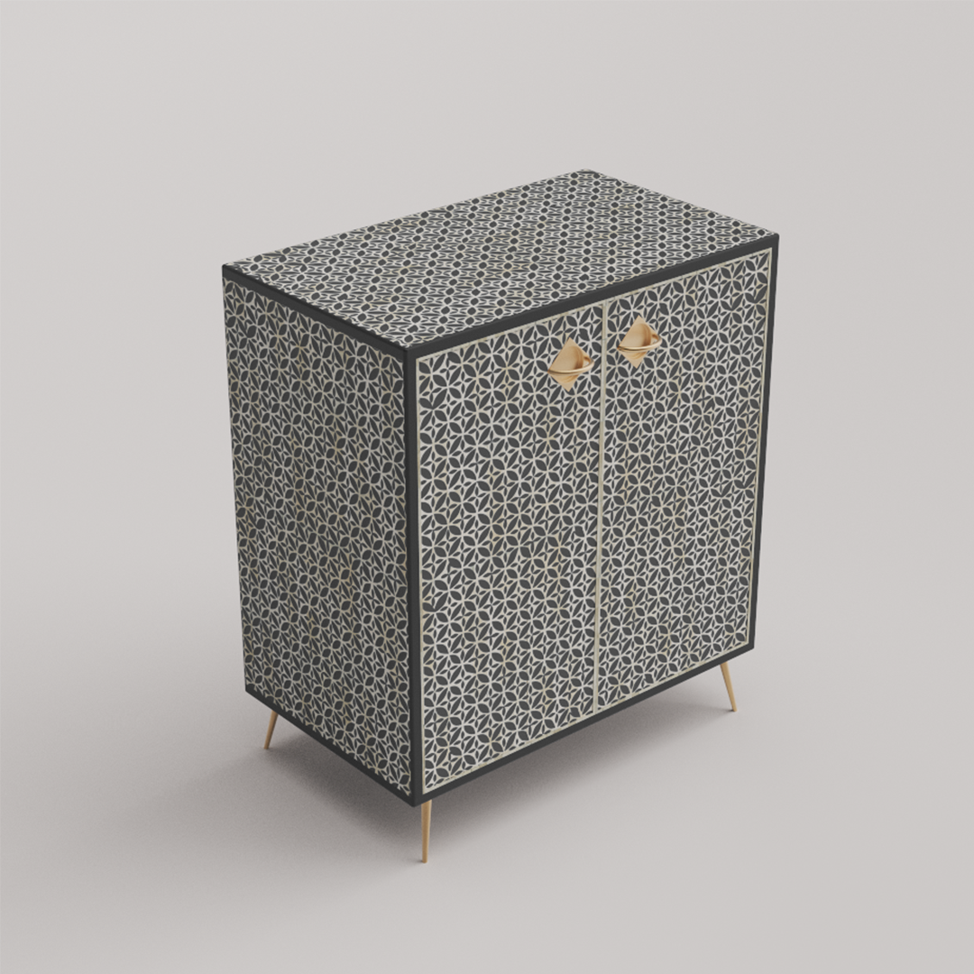 Luxurious black bone inlay storage cabinet with sleek detailing.
