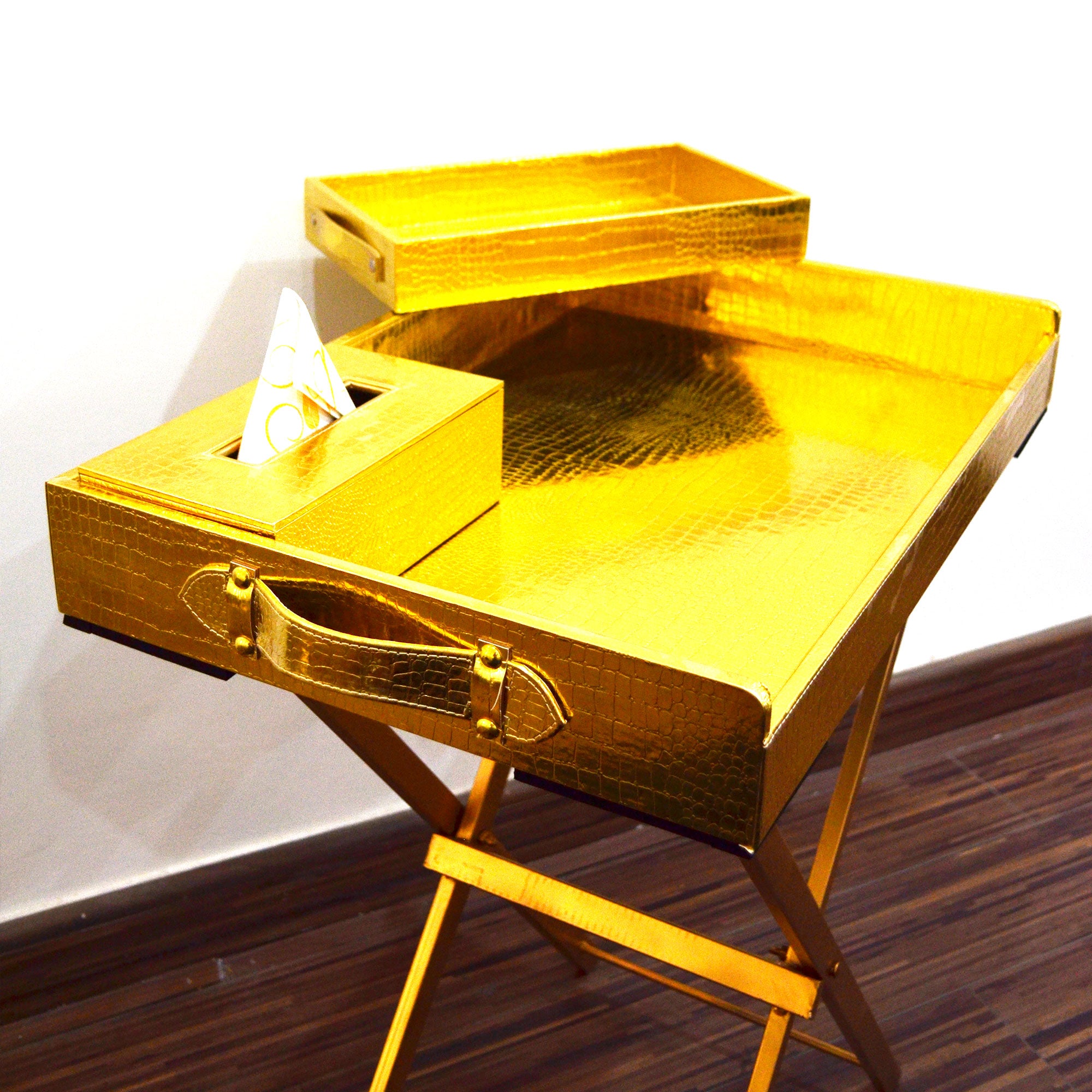 High-end butler tray in rich Gold finish for serving.